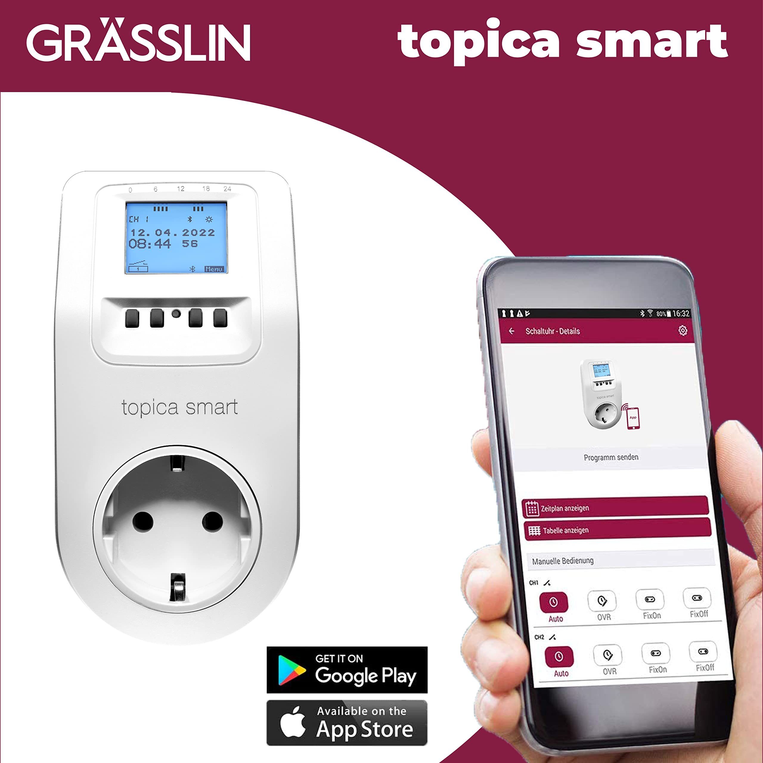 Grässlin Zeitschaltuhr topica smart, Schuko-Steckdosenschaltuhr I mit Wochen- Jahres- und Astrofunktion