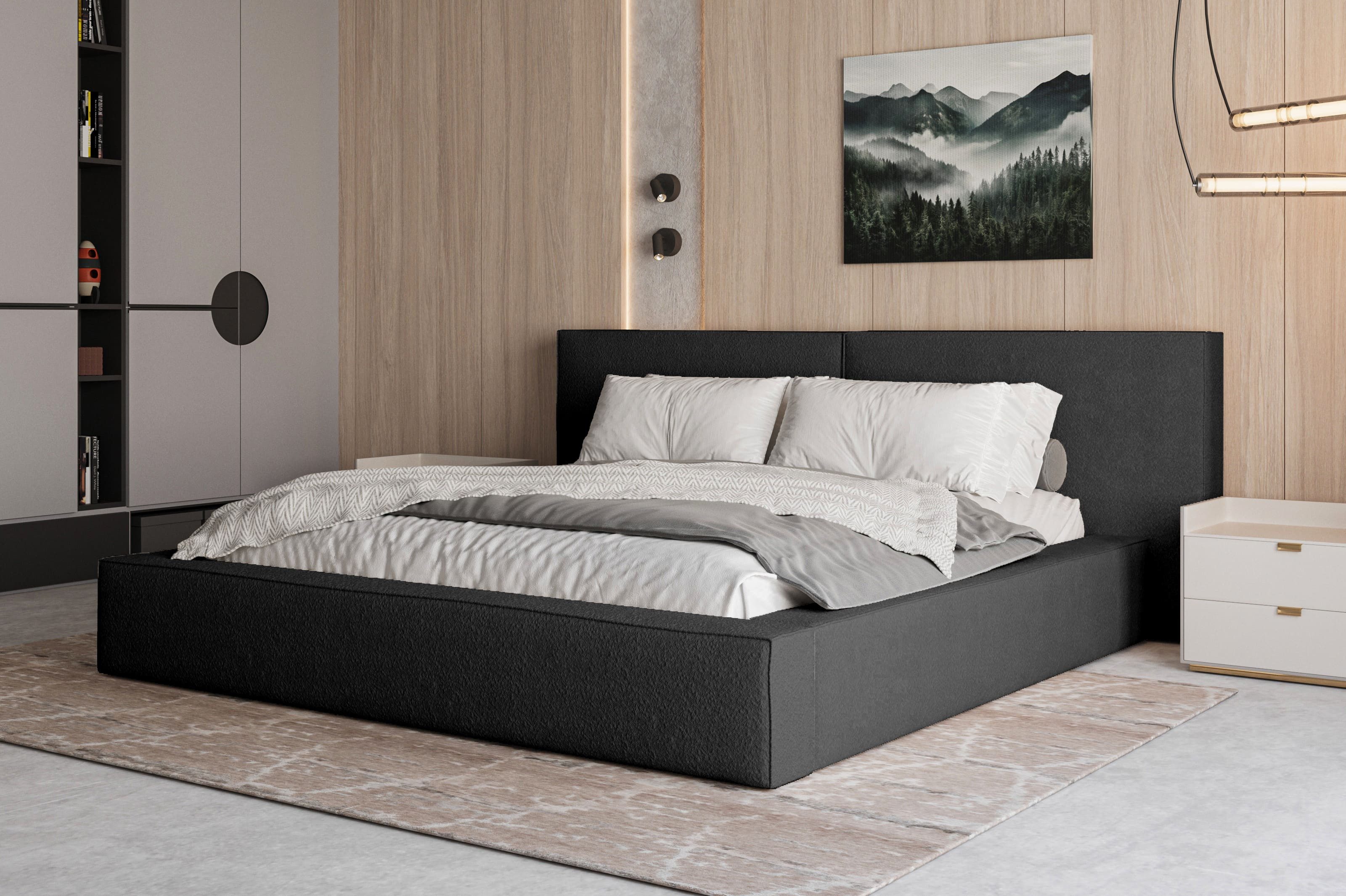 MOEBLO Polsterbett aus Bouclé Bett 06 (Bezug: Boucle, Doppelbett mit Kopfstütze, Rahmenbettgestell, mit Bettkasten und Lattenrost), gepolstertes Kopfteil