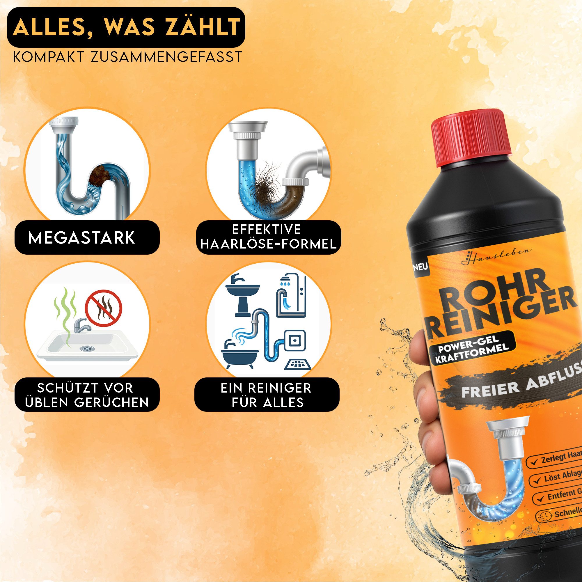 hausleben ausgussbecken Abflussreiniger, für Küche, Bad, entfernt verstopfung Rohrreiniger (1-St. 1x1000ml Abflussreiniger, Küche, Bad, entfernt verstopfung)