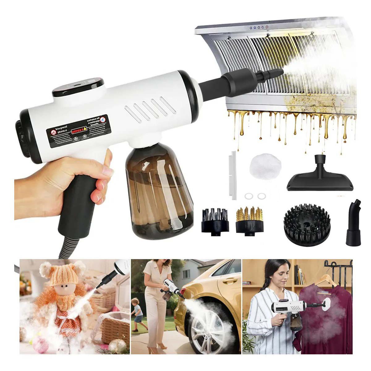 QUBEBU Handdampfreiniger Multifunktions-Dampfreiniger Handgerät Mit 9 Zubehörteilen 1.8m Kabel, 1200 W, Flächenleistung: 40 m², Hand-Dampfreiniger für alles – Polstermöbel, Fliesen, Böden