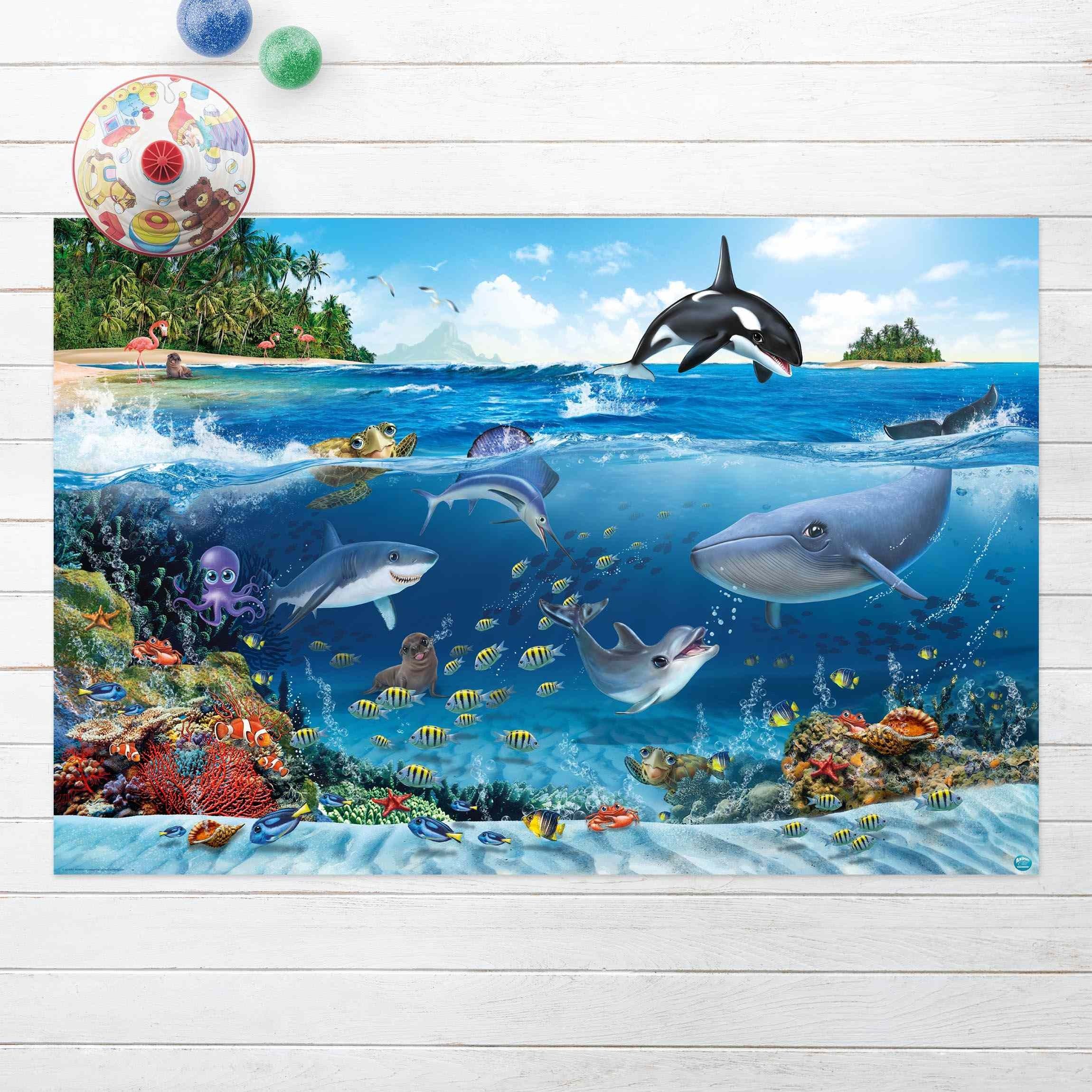 Kinderteppich Vinyl Kinderzimmer Tiere Unterwasser Mädchen Jungen, Bilderdepot24, rechteckig - blau glatt, nass wischbar (Saft, Tierhaare) - Saugroboter & Bodenheizung geeignet