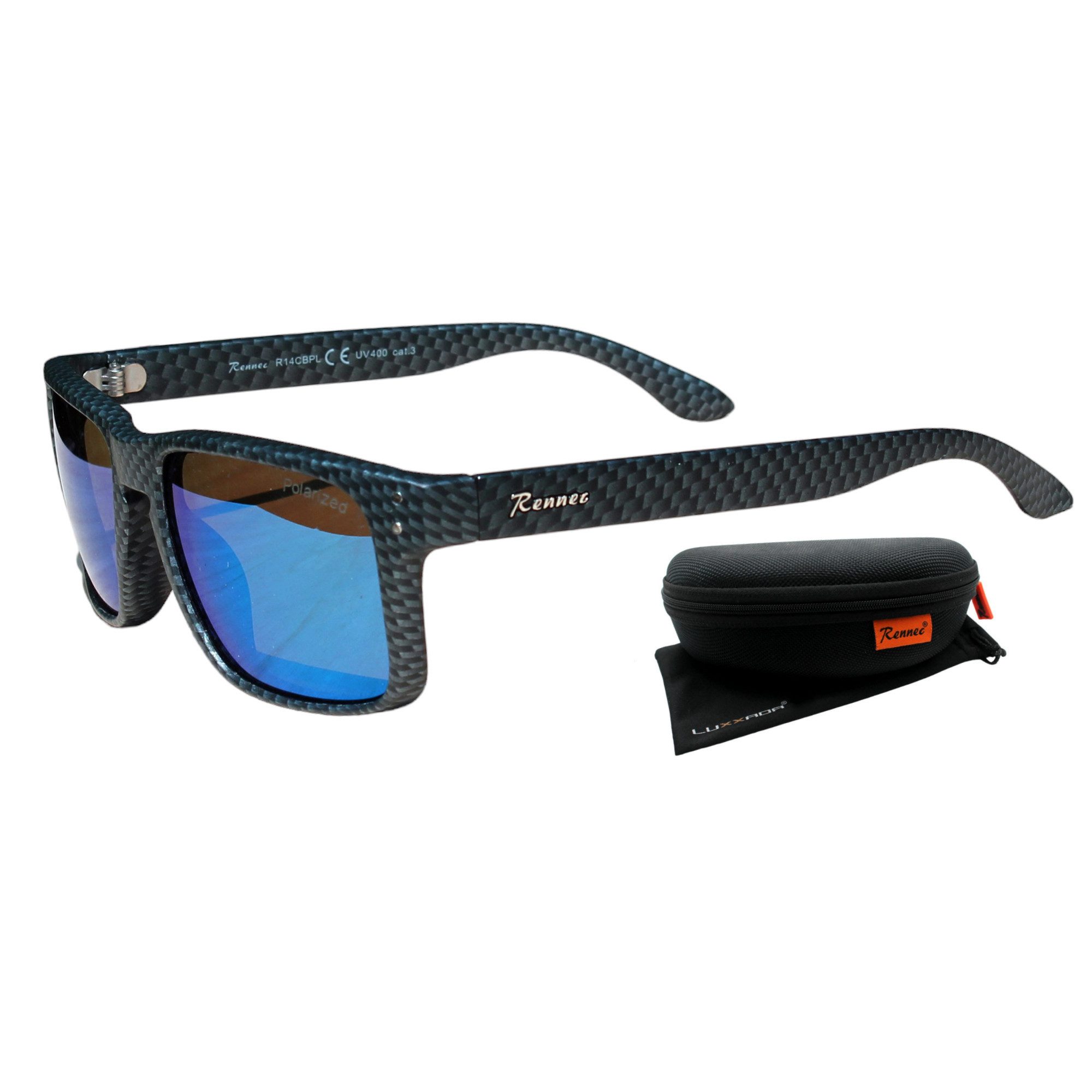Rennec Sonnenbrille (Herren Brille mit Hardcase und Brillenbeutel) Polarisierte Gläser, Edelstahl Gelenke, Carbon Kevlar Look