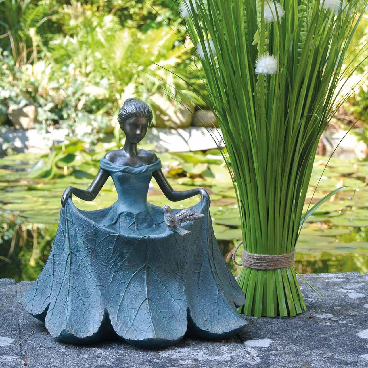 Viana Dekofigur Vogeltränke Gartenfigur Mädchen Blütenkleid Deko Polyresin