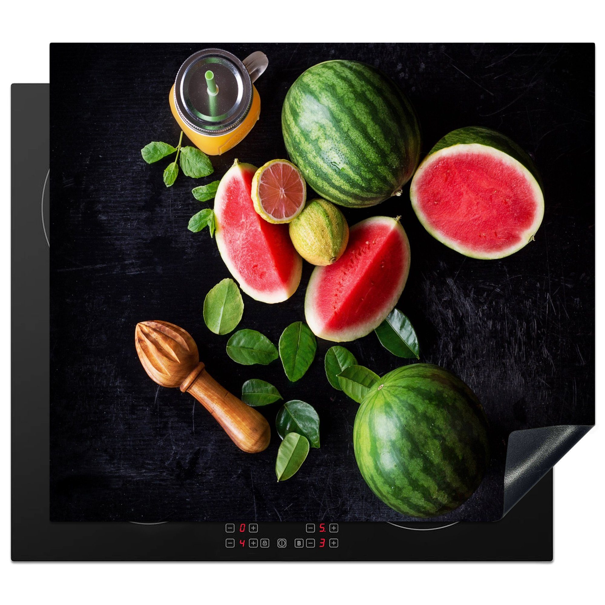 MuchoWow Herdblende-/Abdeckplatte Wassermelone - Smoothie - Obst - Zitronenpresse, Vinyl, (1 tlg), 57x51 cm, Induktionsschutz, Induktionskochfeld, Ceranfeldabdeckung