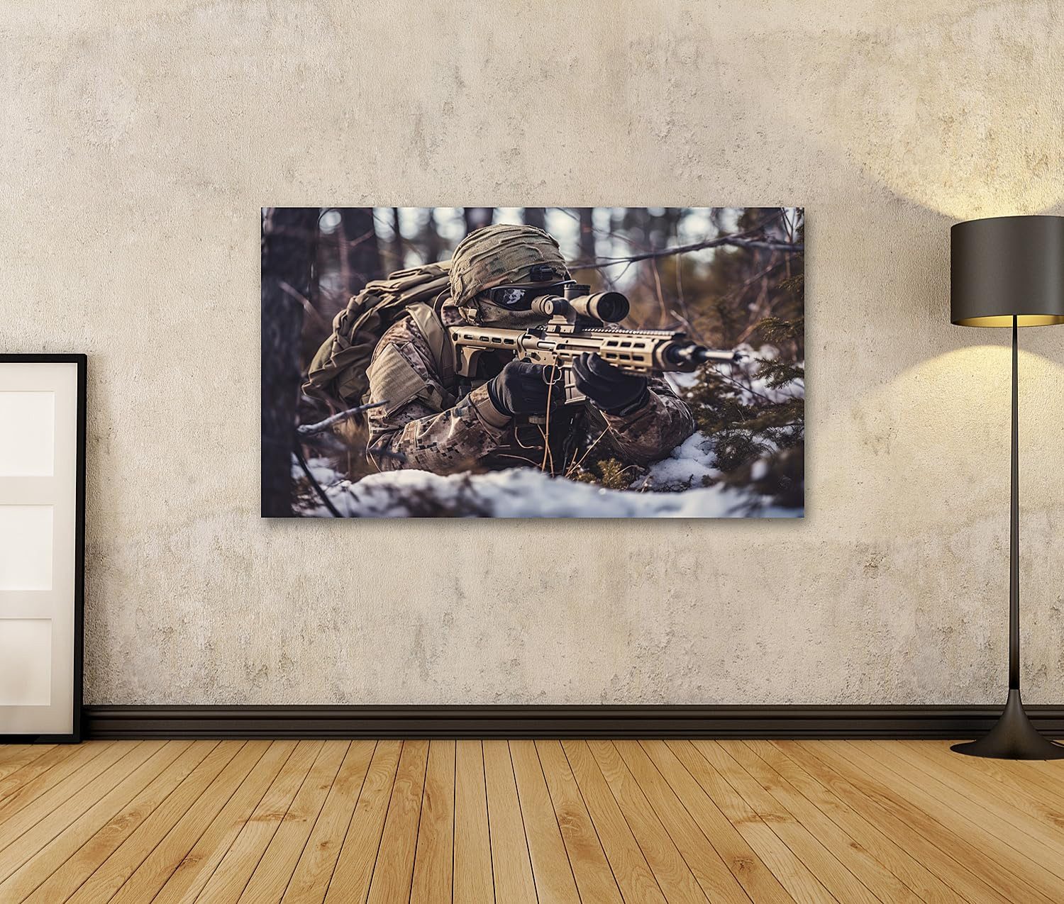 islandburner Leinwandbild Soldat In Wintertarnung Mit Gewehr Im Wald Wartend
