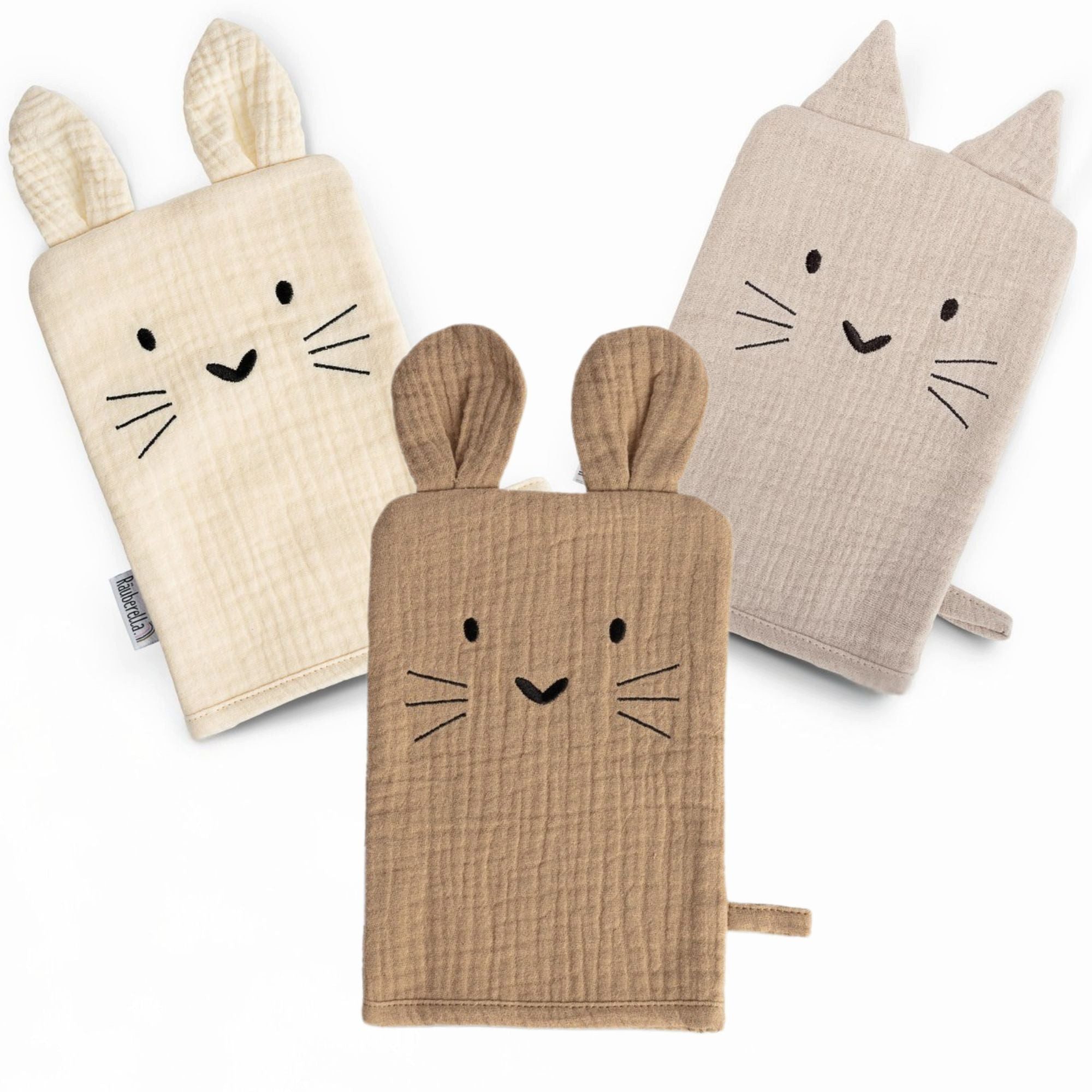Räuberella Waschlappen Premium 3er-Set – Saftes Musselin in Braun, Beige & Creme, (3-St), 100% Bio-Baumwolle, spielerisches Tier-Design