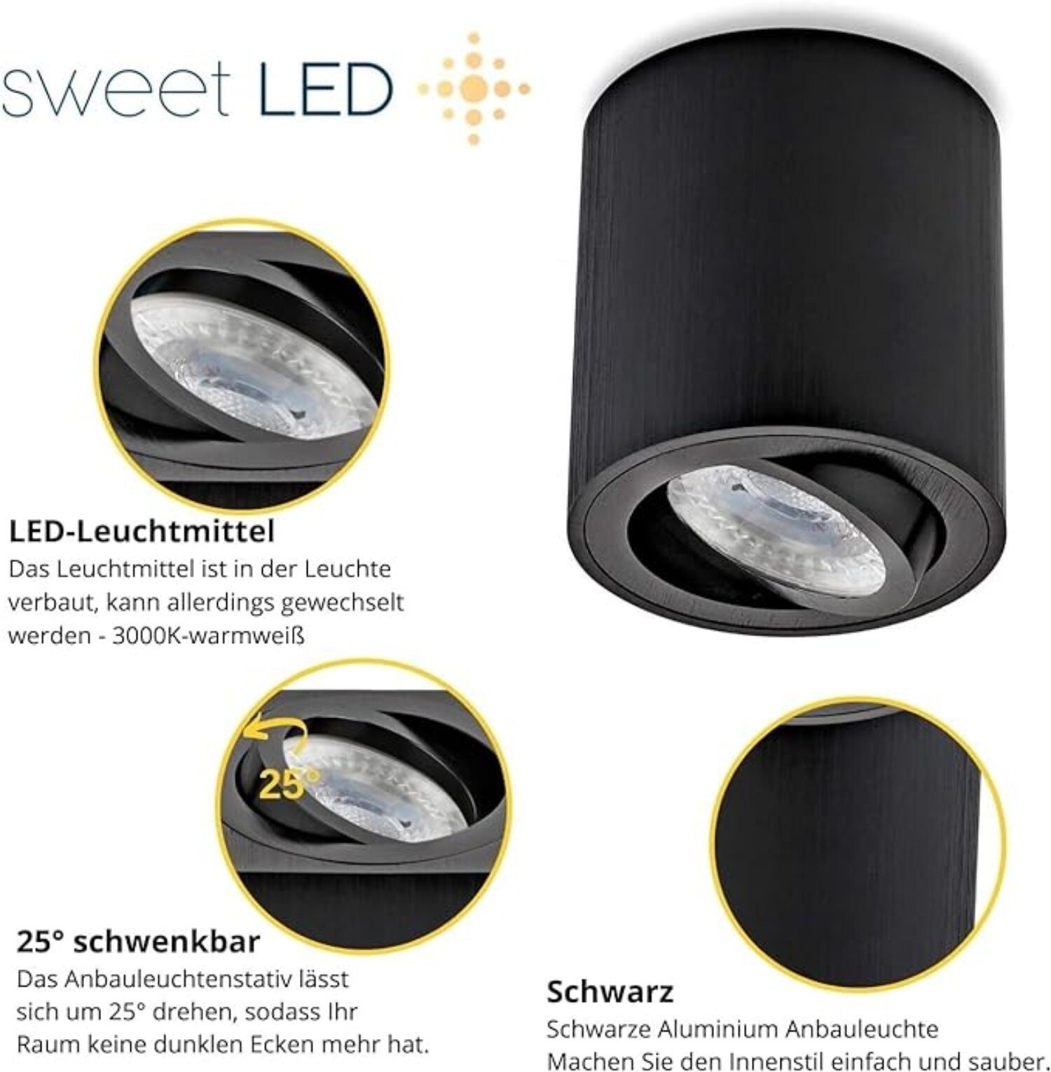Sweet LED LED Aufbaustrahler 4er Set GU10 schwarz schwenkbar 230V Deckenspots rund modern, LED wechselbar, Warmweiß, 3000K, schwenkbar, GU10, 230V