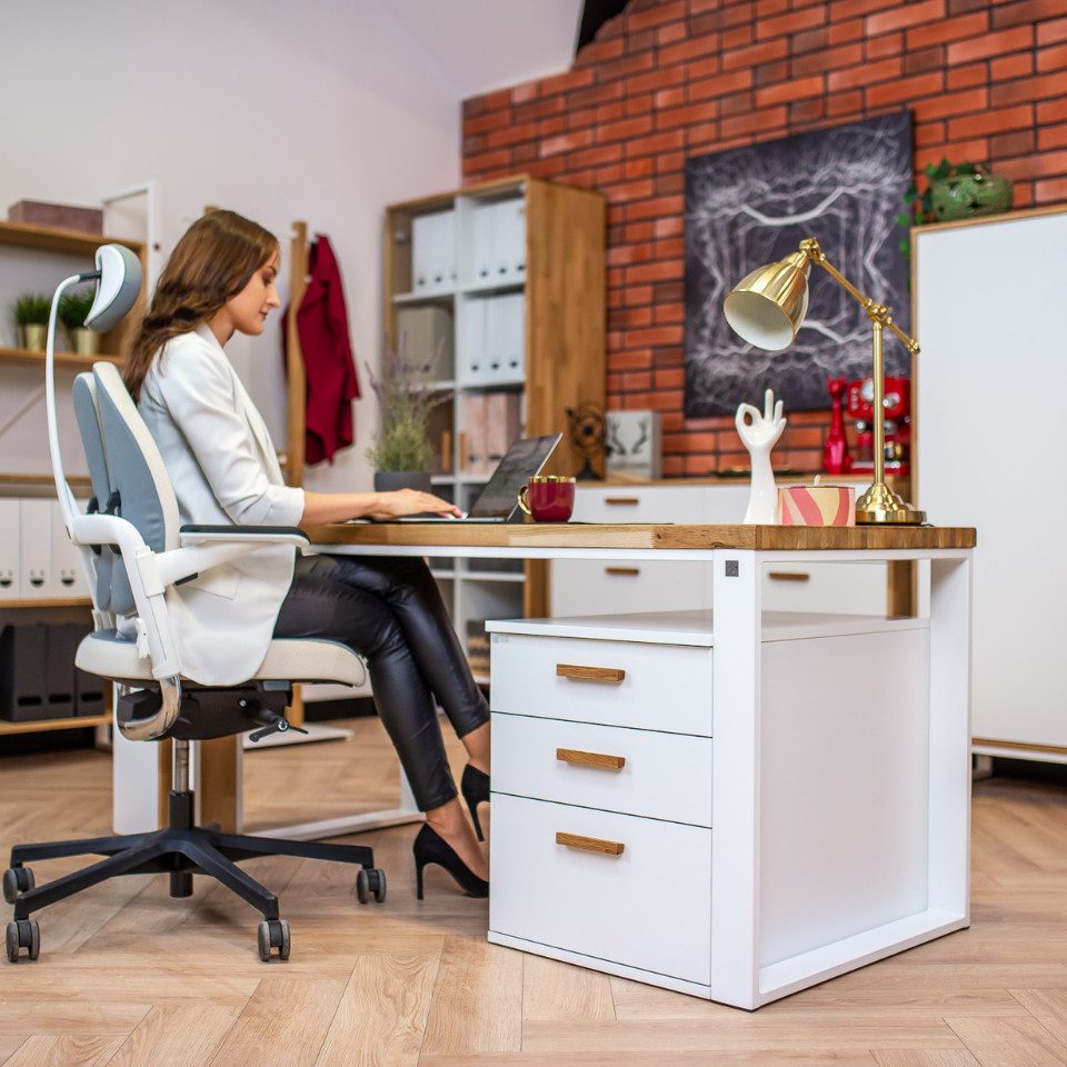 Deerhorn Schreibtisch Loft Office mit Rollcontainer, Weiß, Eiche Massiv, 3 Schubladen, Höhe 75 cm