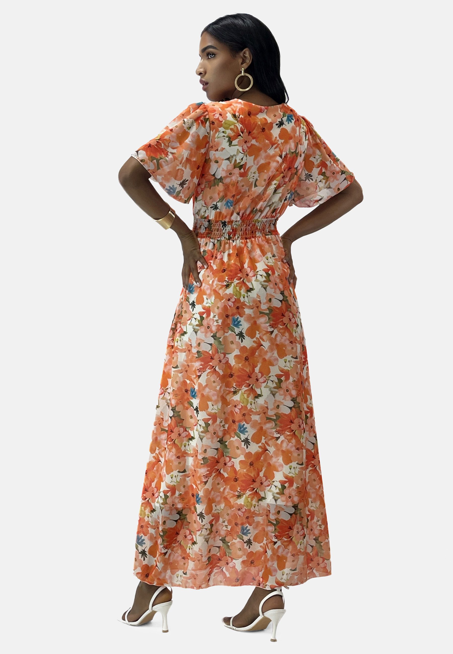 Elara Maxikleid Damen Maxikleid mit V-Ausschnitt, Chiffon-Optik & gesmokter Taille (1-tlg)