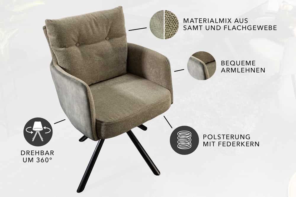 riess-ambiente Polsterstuhl BIG GEORGE grün/schwarz– Samt & Strukturstoff, mit Federkern (Einzelartikel, 1 St), inkl. Armlehnen, Metall-Füße und 360° drehbar –  – Bild 4 von 5