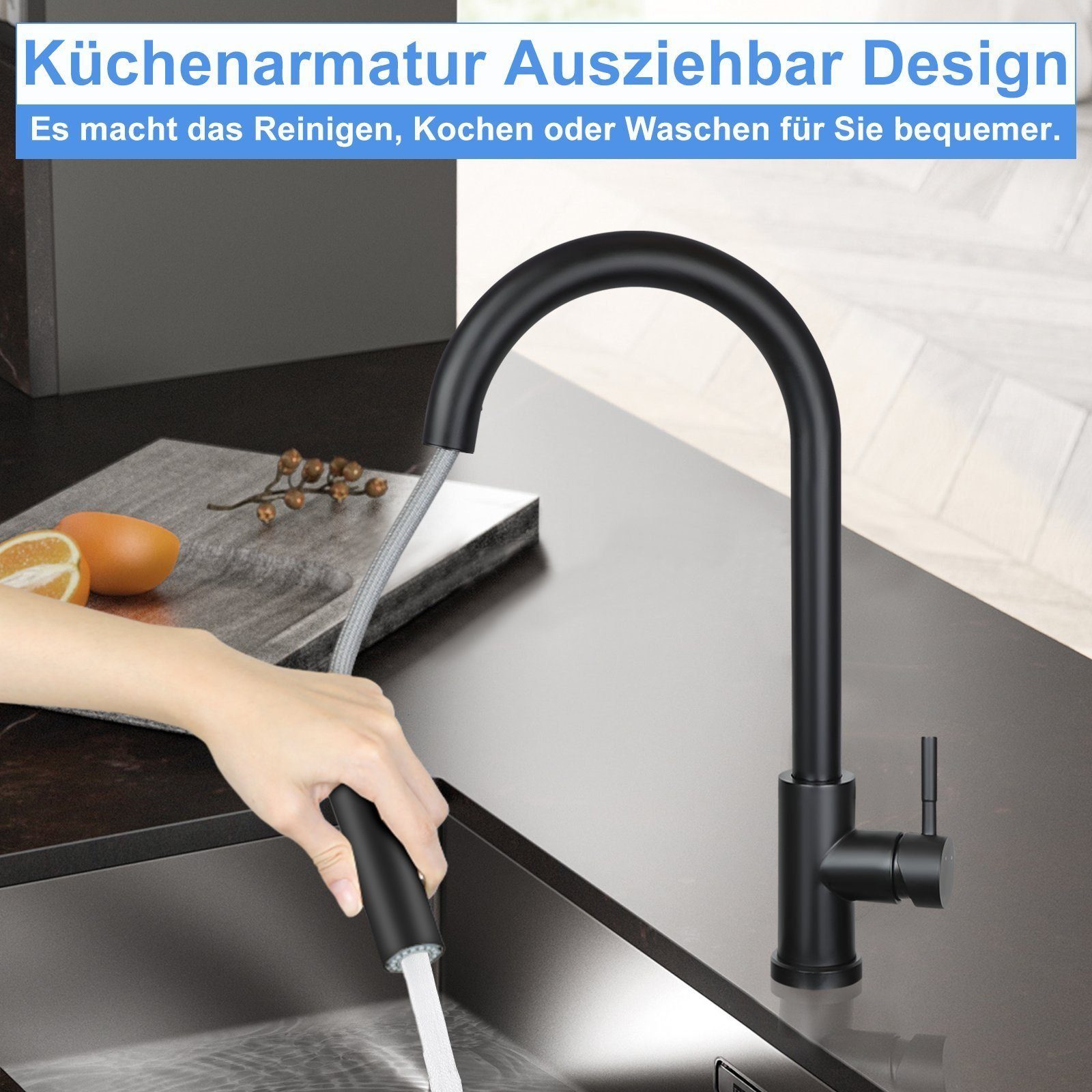 Nettlife Küchenarmatur Wasserhahn Schwarz Ausziehbar 360° Drehbar Armatur Edelstahl (Mischbatterie) mit 2 Stahlarten