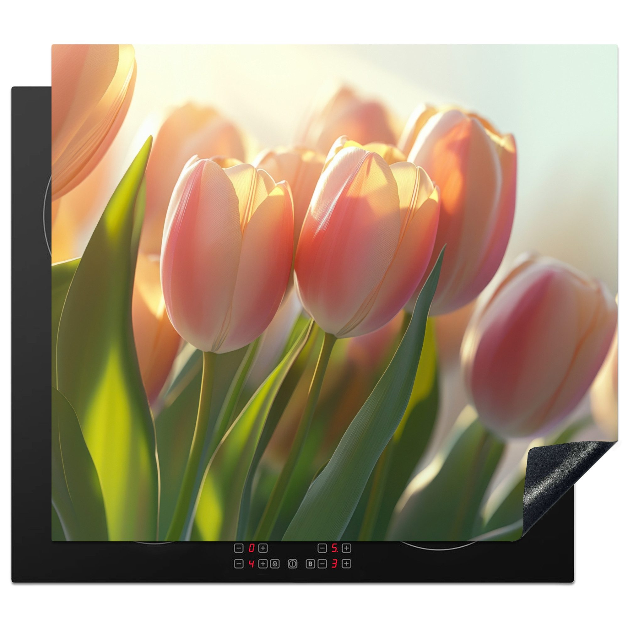 MuchoWow Herd-Abdeckplatte Tulpen - Rosa - Sonnenstrahlen, Vinyl, (1 tlg), Ceranfeldabdeckung Küche, Herdabdeckplatte Einteilig, 60x52 cm