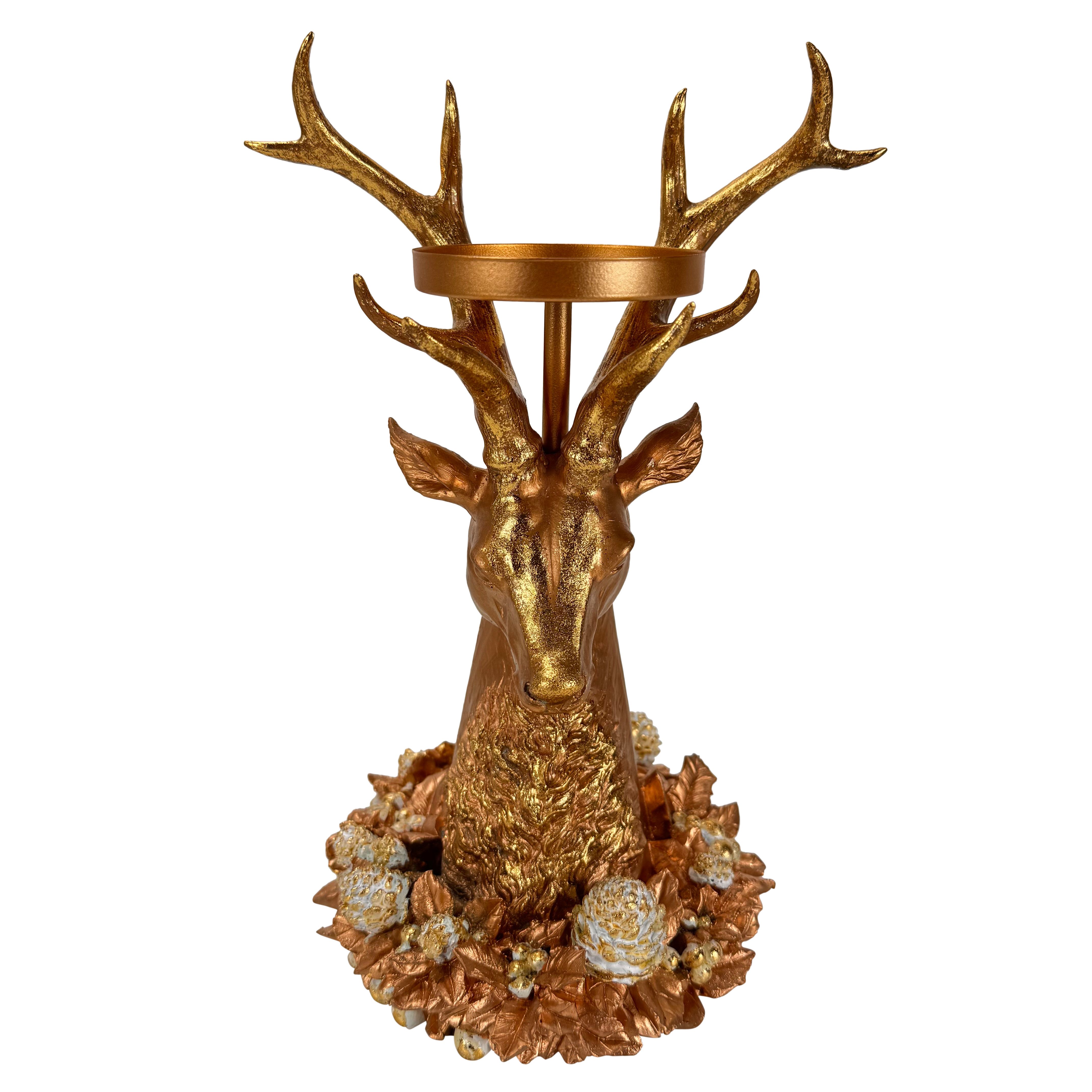 Online-Fuchs Kerzenhalter für Stumpenkerzen - Kerzenständer mit imposanten Hirschkopf (29 cm groß, für Kerzen bis 7,5 cm Durchmesser), Dekoration für Herbst, Winter und Weihnachten