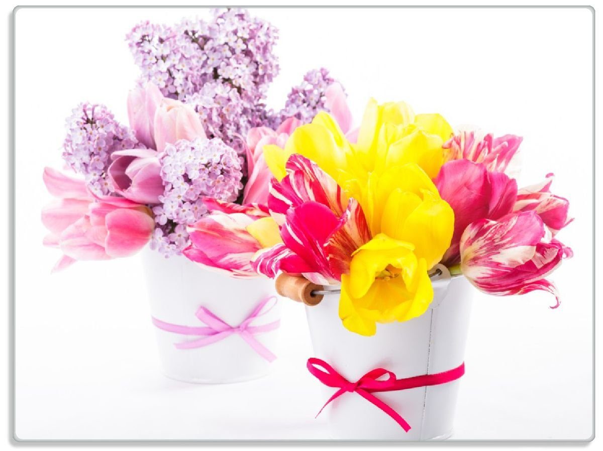Wallario Schneidebrett Zwei Blumen-Bouquets und gelben roten und aus 4mm, Gummifüße Tulpen Flieder, 30x40cm rutschfester (inkl. 1-St), ESG-Sicherheitsglas
