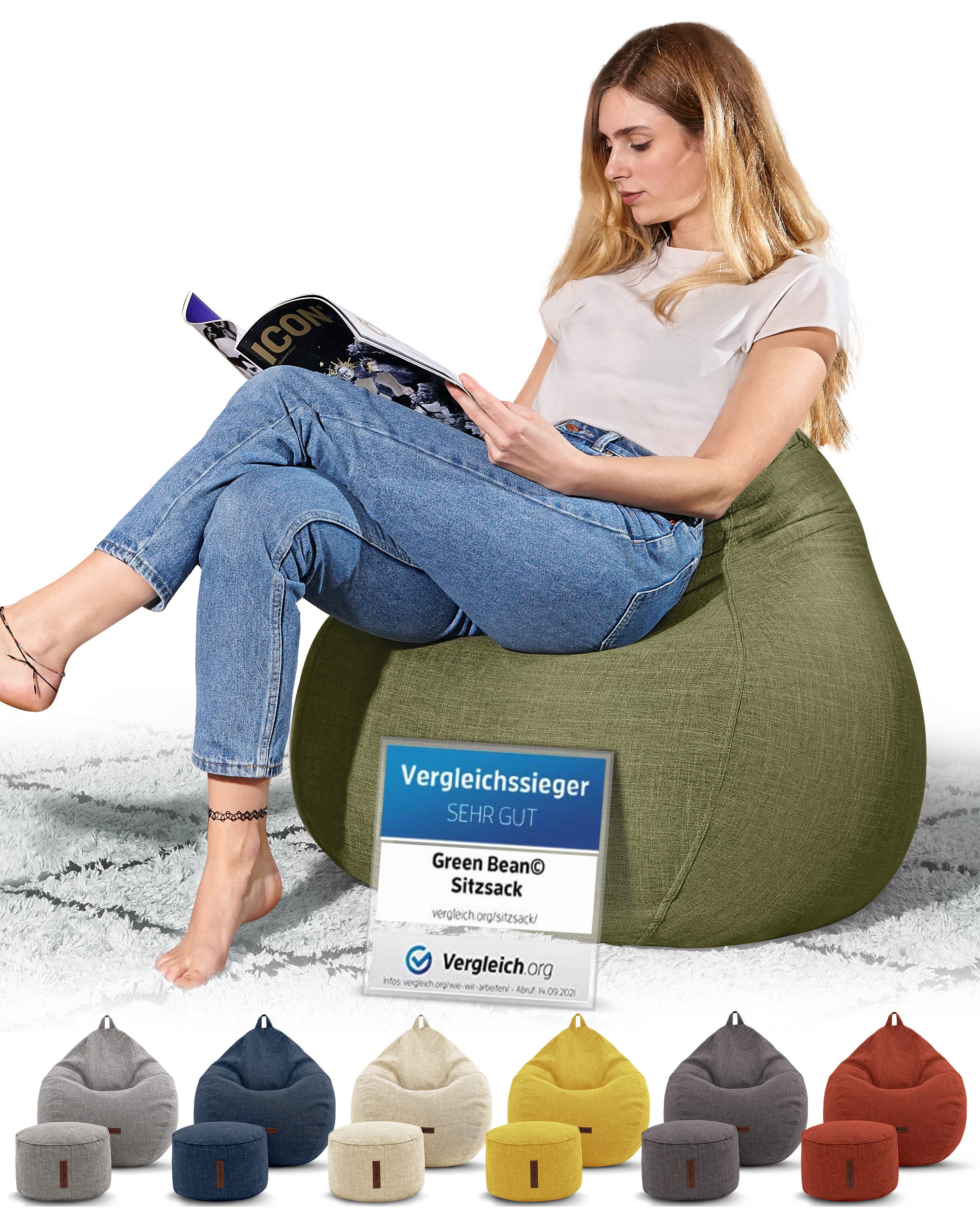 Green Bean Sitzsack Indoor Sitzsack XXL Home Linen +Hocker (2er Set Indoor Sitzsack 80x90x50cm + Sitzpouf 45x25cm mit EPS-Perlen Füllung -, Fußhocker Fußkissen  – Bild 3 von 5