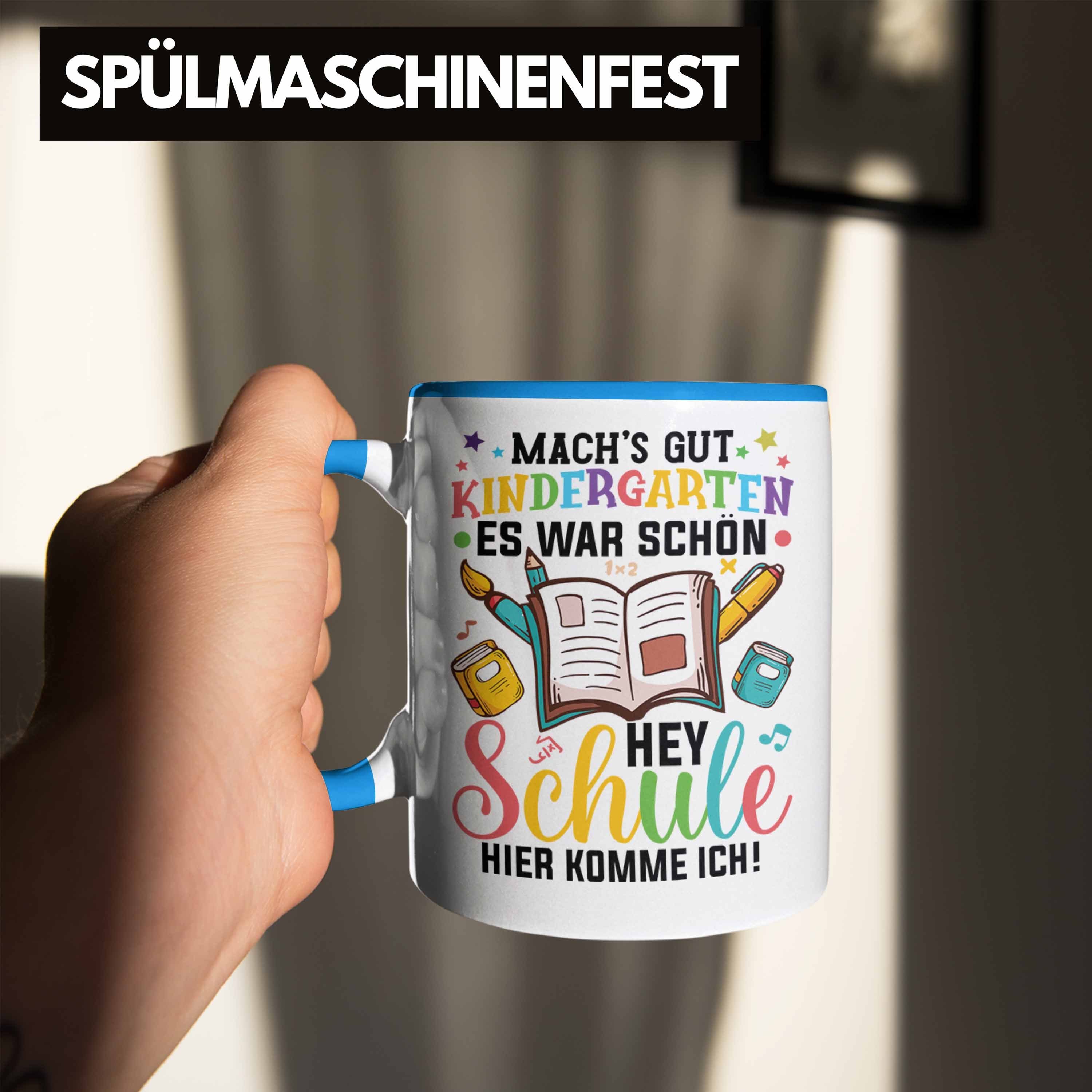 Trendation Tasse Trendation - Tschüss zur Tasse Grundschule Schultag Geschenk Blau Erster Hallo Einschulung Kinderkarten