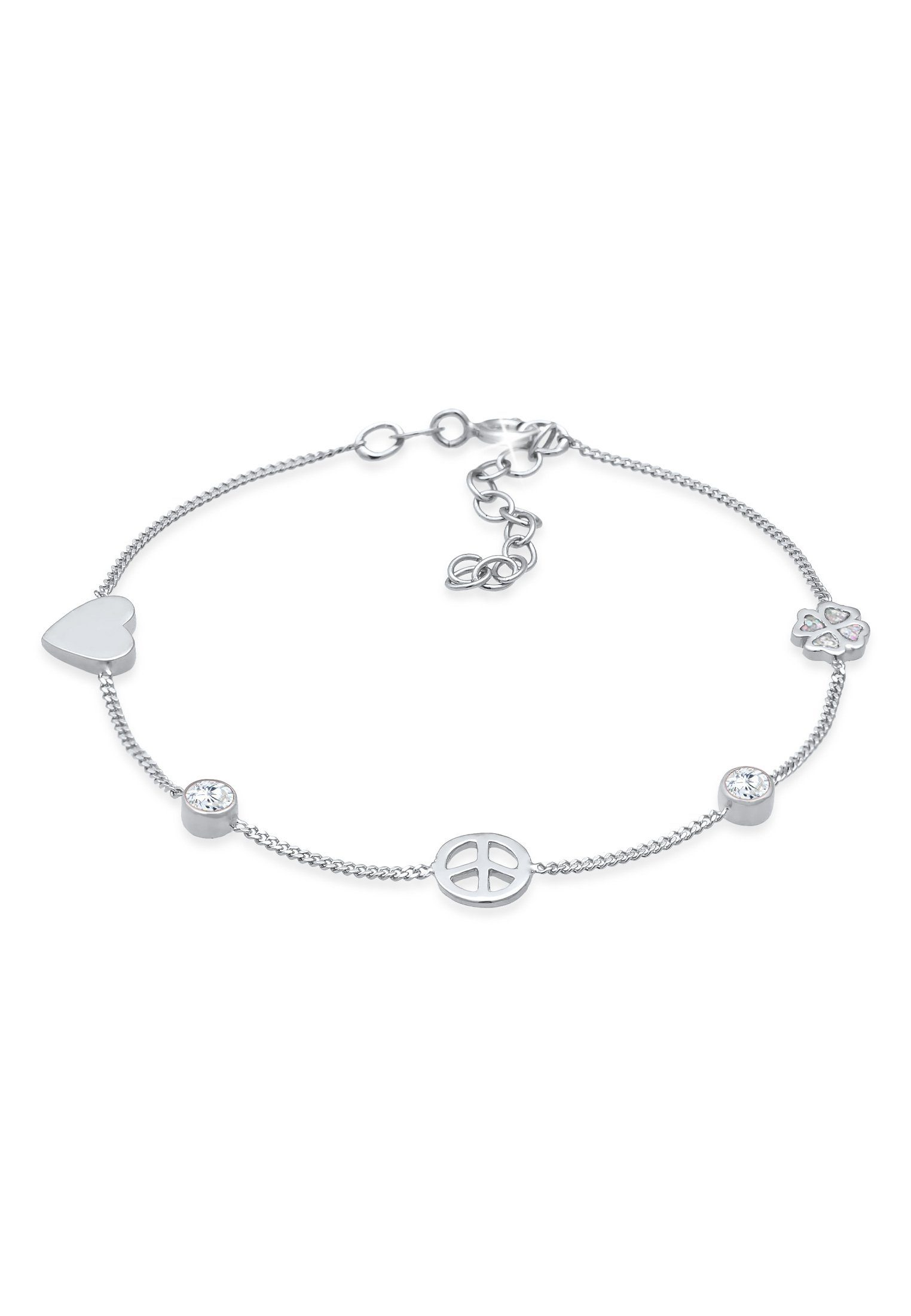 Elli Bettelarmband Herz Peace Kleeblatt Hippie Zirkonia 925 Silber, Herz