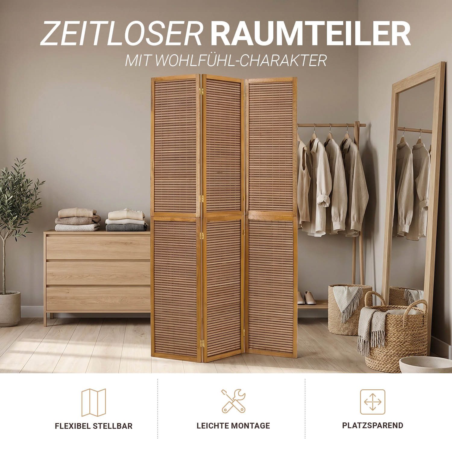 Homestyle4u Paravent Raumteiler Sondergröße 2 m Höhe Spanische Wand Sichtschutz Holz Indoor (3-teilig), Trennwand, faltbar