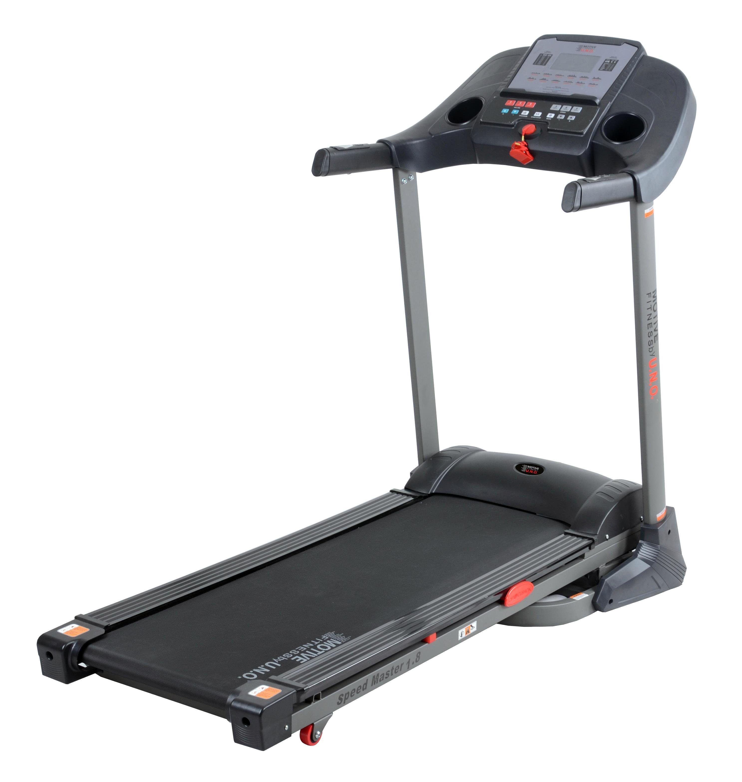 MOTIVE FITNESS by U.N.O. Laufband Speed Master 1.8 (mit/ohne Unterlegmatte) (6-tlg., mit integrierten Handpulssensoren und Soft-Motion-Foldsystem), bis max. 18 km/h, klappbar, mit Steigung, 120 kg max. Benutzergewicht