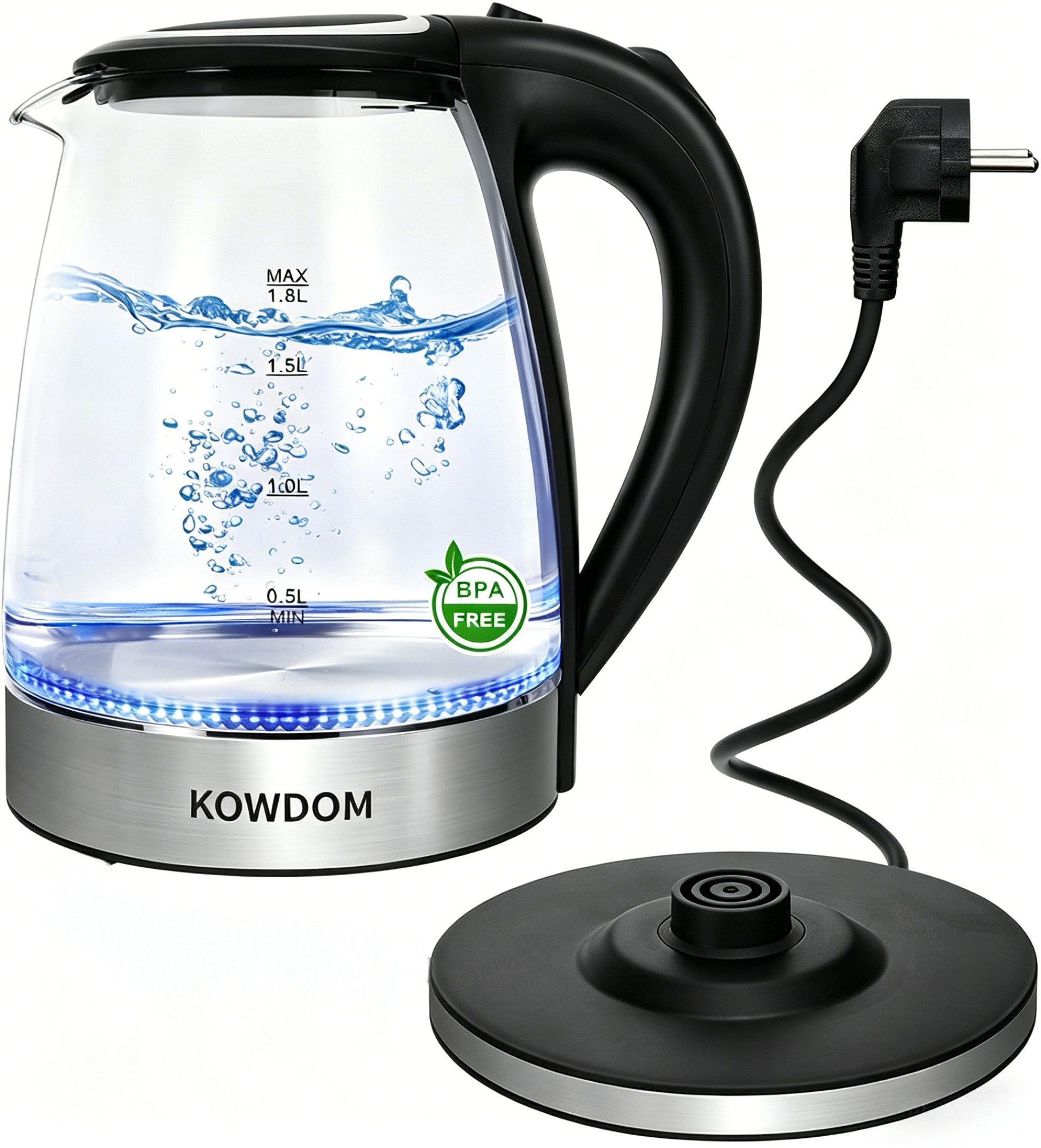 kowdom Wasserkocher Glas 1,8L 2200W BPA-frei Schnellkochfunktion LED Abschaltung Haushalt, 2200 W, BPA-frei, Borosilikatglas, Kompakt, Beidhändig geeignet