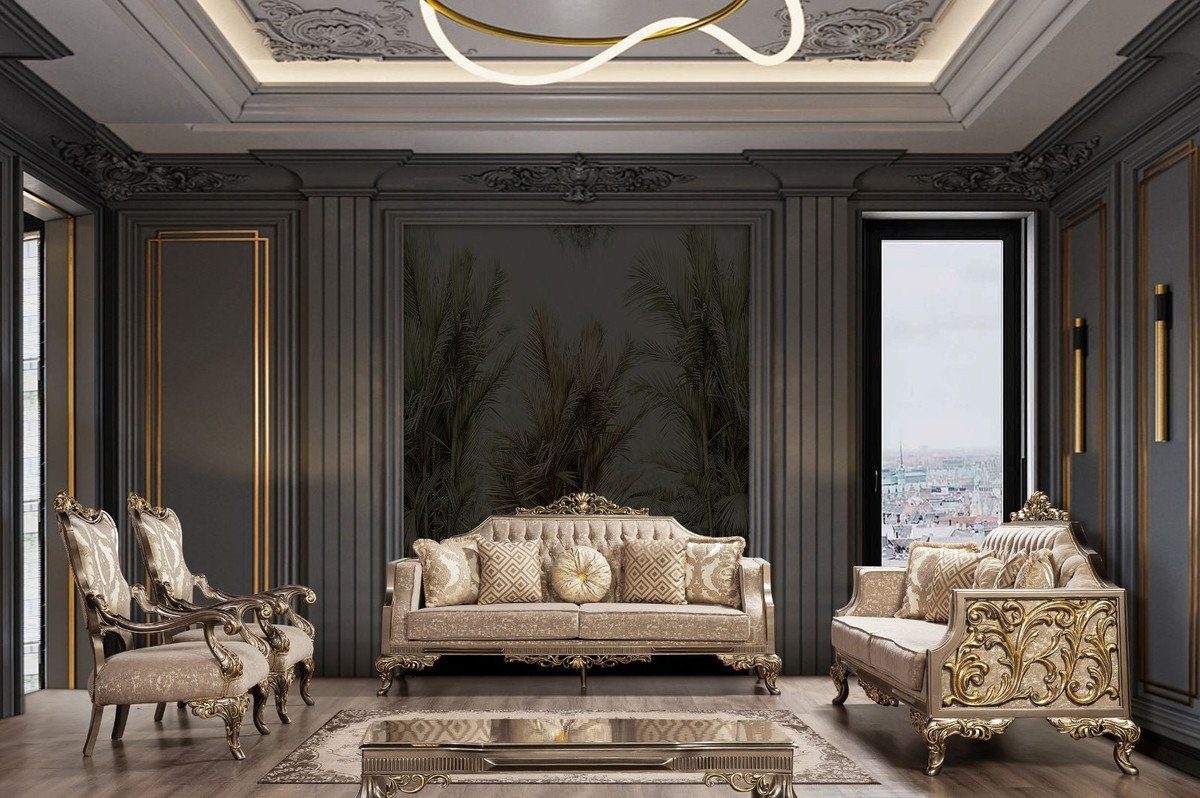 Casa Padrino Sofa Wohnzimmer Luxus Wohnzimmer - Muster - Prunkvoll / Barock Möbel Beige mit Gold Silber Edel Prunkvolles / - Sofa Barock Sofa Grau / &