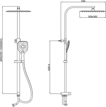 KOMIRO Duschsystem mit Thermostat, Regendusche Silber, Höhe 150 cm, 3 Strahlart(en), Regendusche Ohne Armatur, mit Duschkopf 30x30cm Edelstahl Duschstange