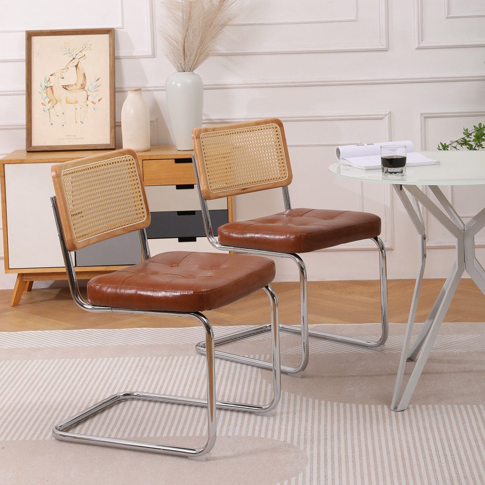 BBG Esszimmerstuhl 2er Set Esszimmerstühle Freischwinger, Moderner Küchenstuhl (Metallgestell Chrom, Wohnzimmer Stuhl Braun/Schwarz, 2 St), Mid Century Rattan Stuhl mit Kunstleder Sitz gepolstert