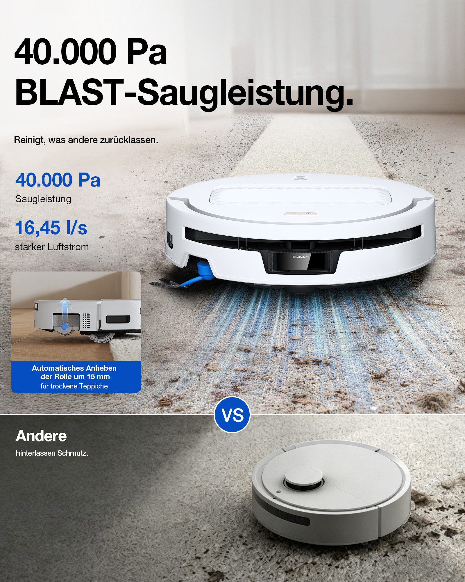 ECOVACS Nass-Trocken-Saugroboter DEEBOT T90 MAX PRO, 60 W, mit Beutel, 40.000 Pa + 16,45L/s Luftstrom, Wischwalze, All-in-One Station – Bild 4 von 5