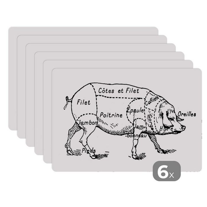 Platzset Antike Illustration des Diagramms des Metzgers vom Schwein MuchoWow (6-St) Platzset Platzdecken Platzmatte Tischmatten Schmutzabweisend