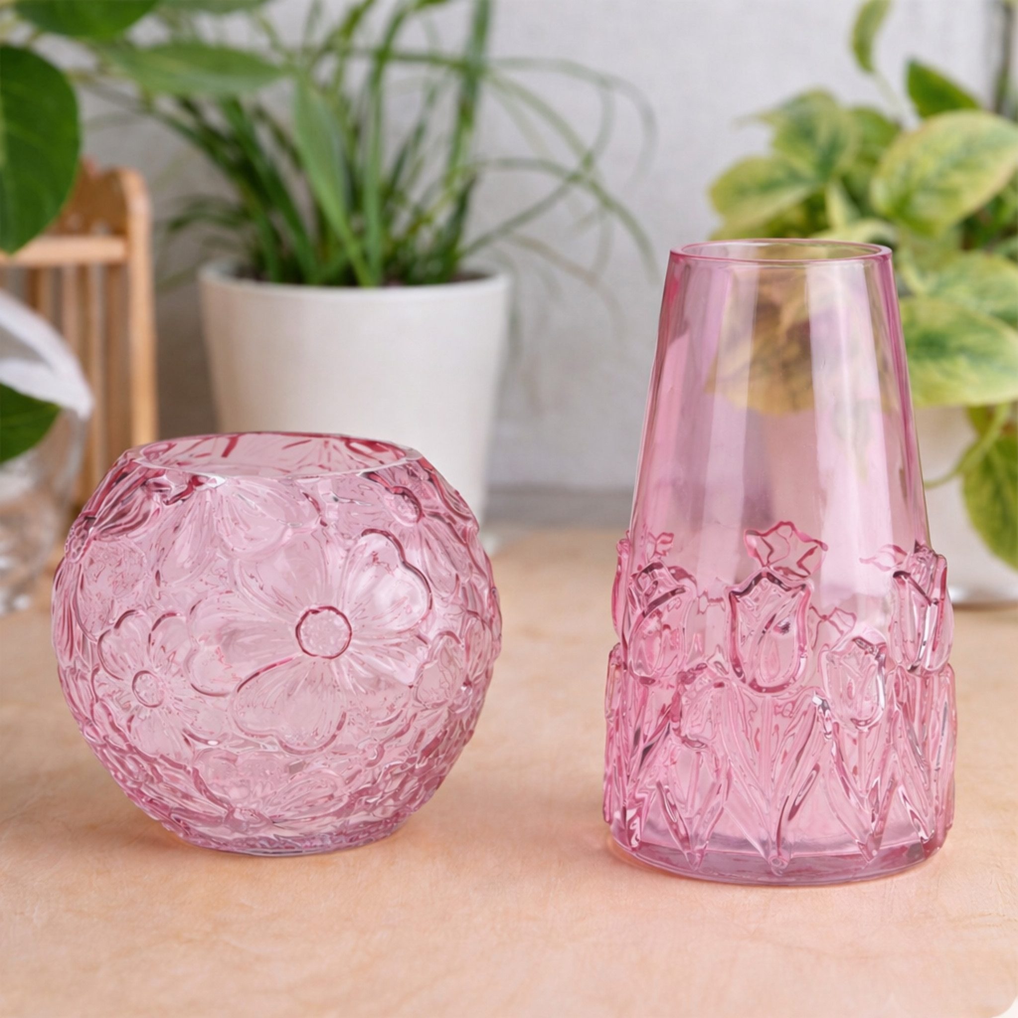 matches21 HOME & HOBBY Dekovase Blumenvasen Set, Glas in Rosa mit Blumen-Muster (2 St), Moderne Tulpenvasen als Frühlingsdeko