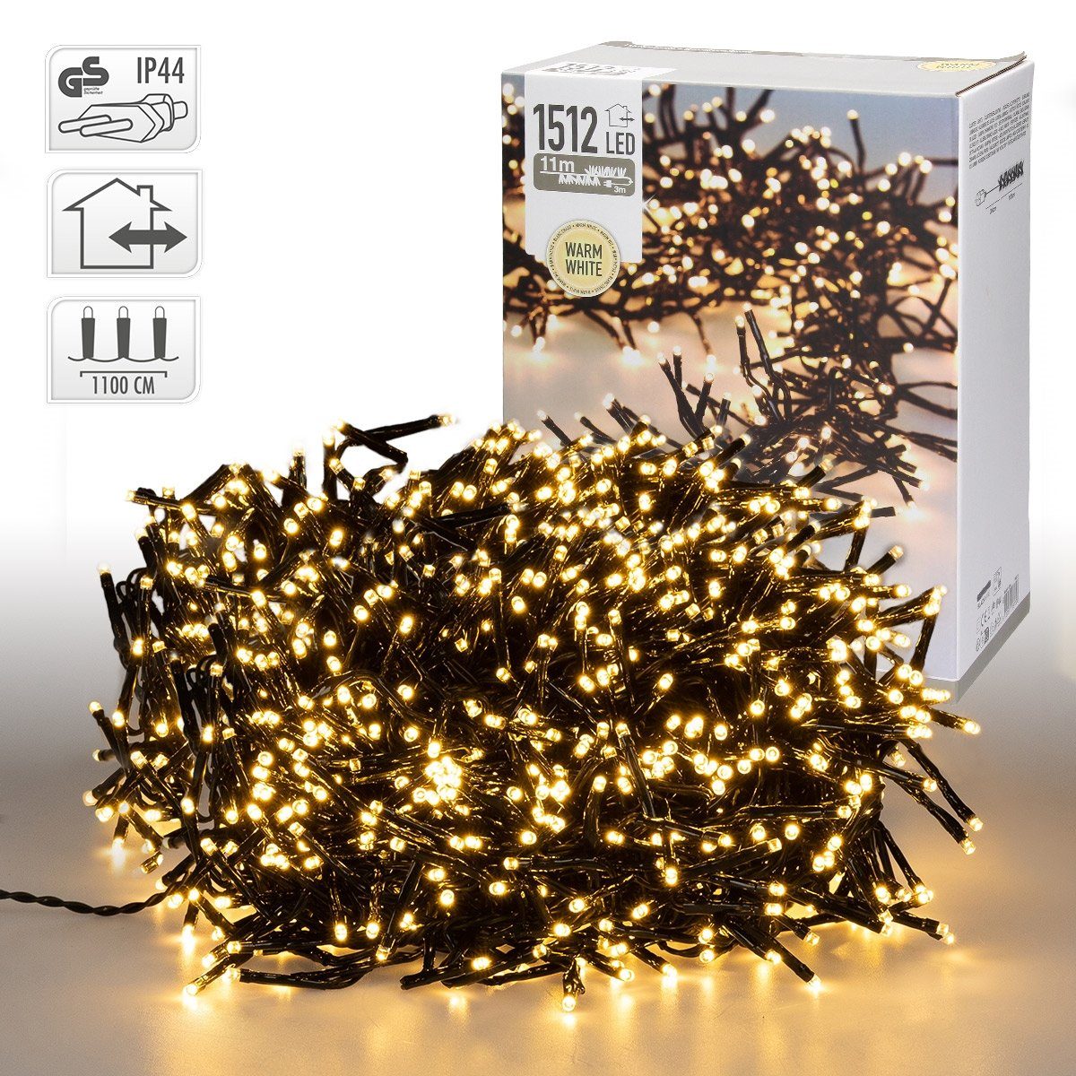 ECD Germany Weihnachtsfigur Weihnachtsbeleuchtung Weihnachtsbaum IP44 Cluster LEDs Warmweiß Büschel 11m 1512 Wasserdicht Strombetrieb Lichterkette, Lichterkette LED