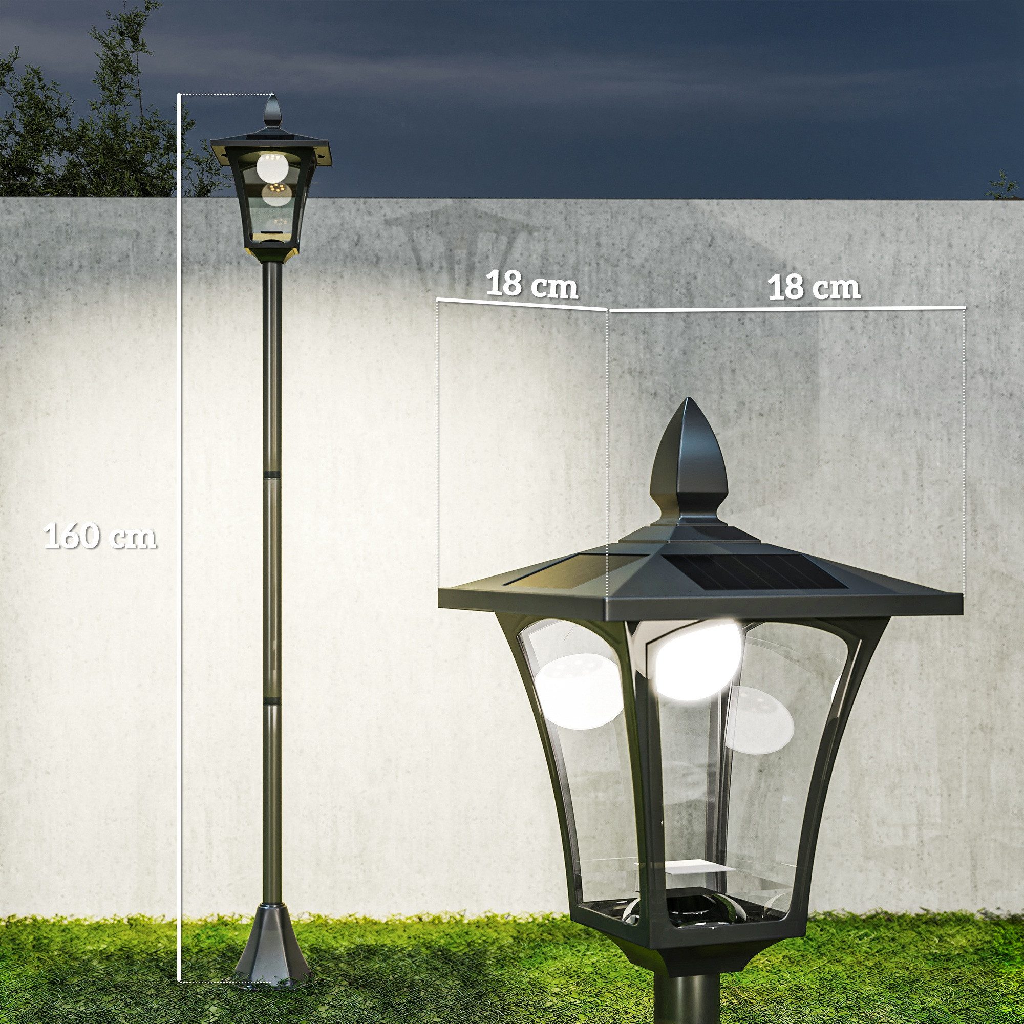 Outsunny Außen-Stehlampe Wegleuchte mit LED 40 Lumen, Solarbetrieben, Lichtsensor, LED, Weiß, Schwarz 18 x 18 x 160cm