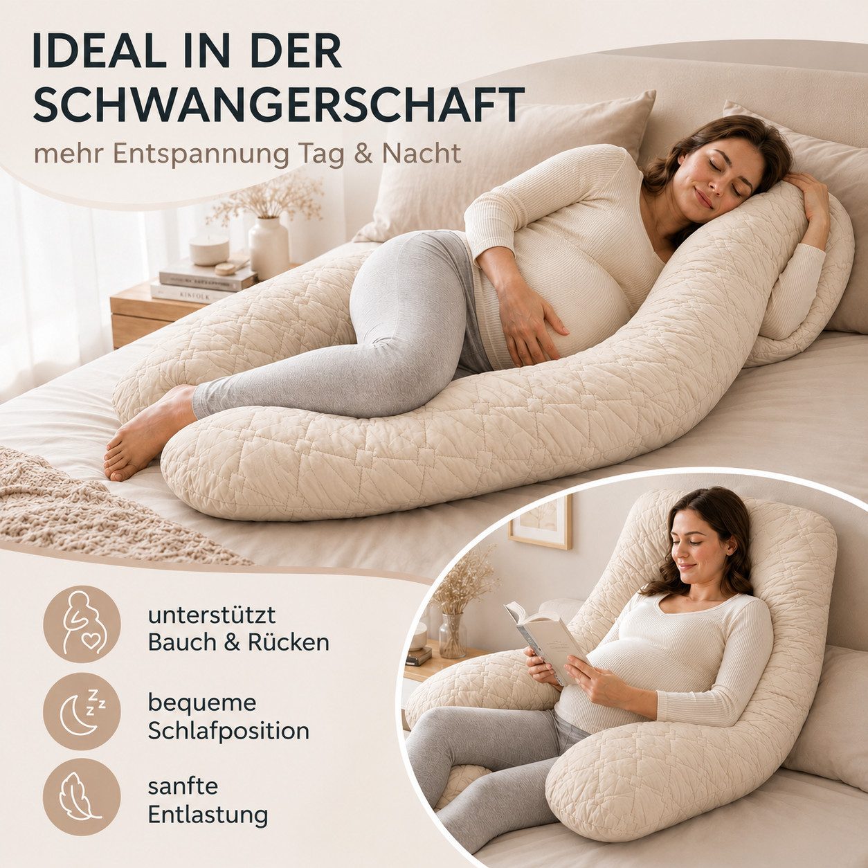 SEI Design Stillkissen Seitenschläferkissen Bodypillow Beige - Körperkissen, Schwangerschaftskissen mit Bezug, 1-tlg., gesteppt mit 2 Reißverschlüssen – Bild 5 von 5