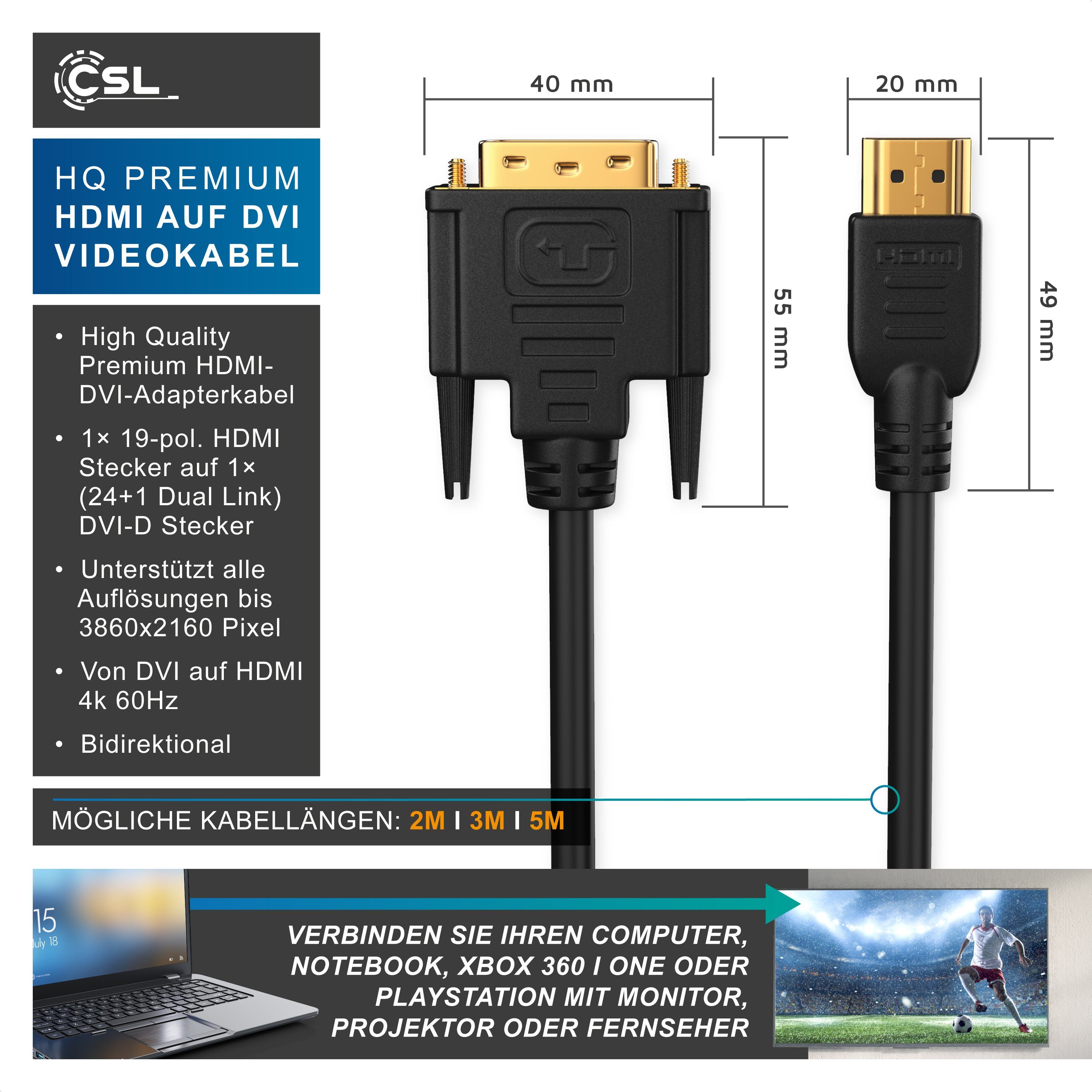 CSL Full HD Dual Link HDTV Adapter / Konverter Kabel - 3m Video-Kabel, DVI-D (DL), HDMI Typ A, (300 cm), DVI-D, für Monitor, Beamer, Grafikkarte, flimmerfreie B – Bild 2 von 5