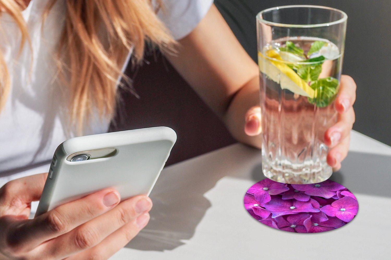 Becher Nahaufnahme Getränkeuntersetzer, MuchoWow Gläser, 6-tlg., Tassenuntersetzer, Korkuntersetzer, Zubehör rosa Hortensienblüten, für Glasuntersetzer Tasse,