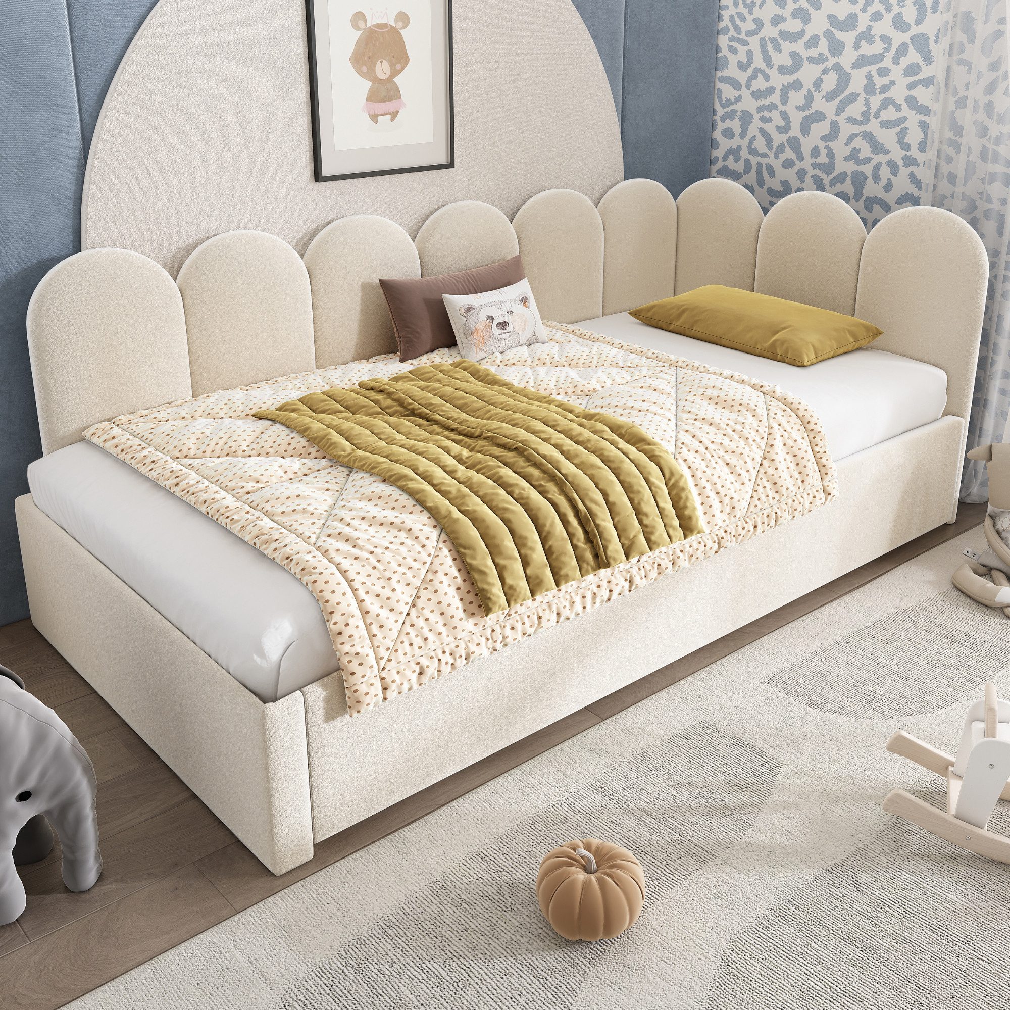 Merax Daybett 90x200cm mit Ausziehbett 90x190cm (1 tlg), Polsterbett Samt Tagesbett Kinderbett Schlafsofa mit Lattenrost – Bild 4 von 5