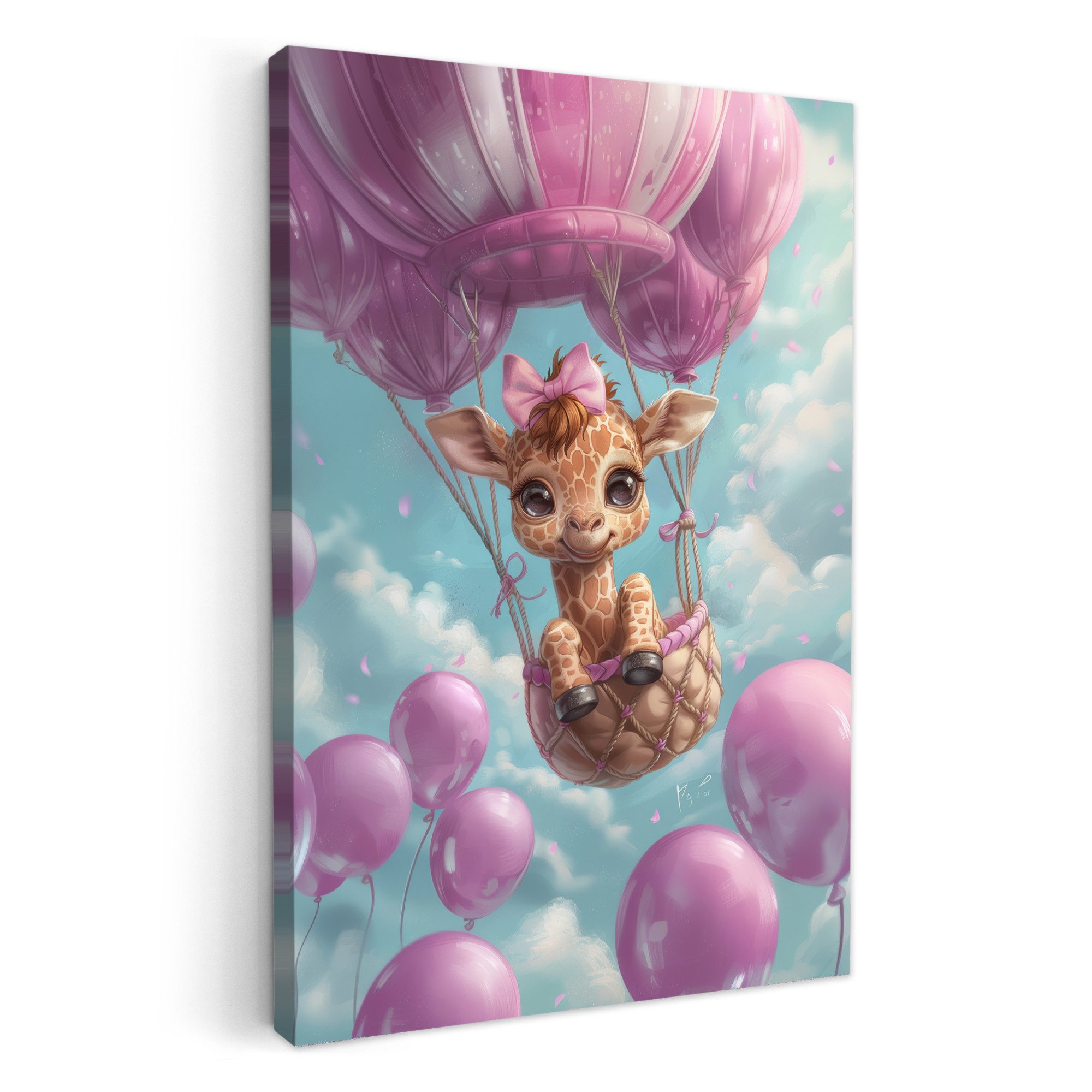 OneMillionCanvasses® Leinwandbild Heißluftballon - Giraffe - Ballon - Wolken - Lila, Fotodruck (1 St), Kinderzimmer Deko, Mädchen und Jungen Bilder 20x30 cm