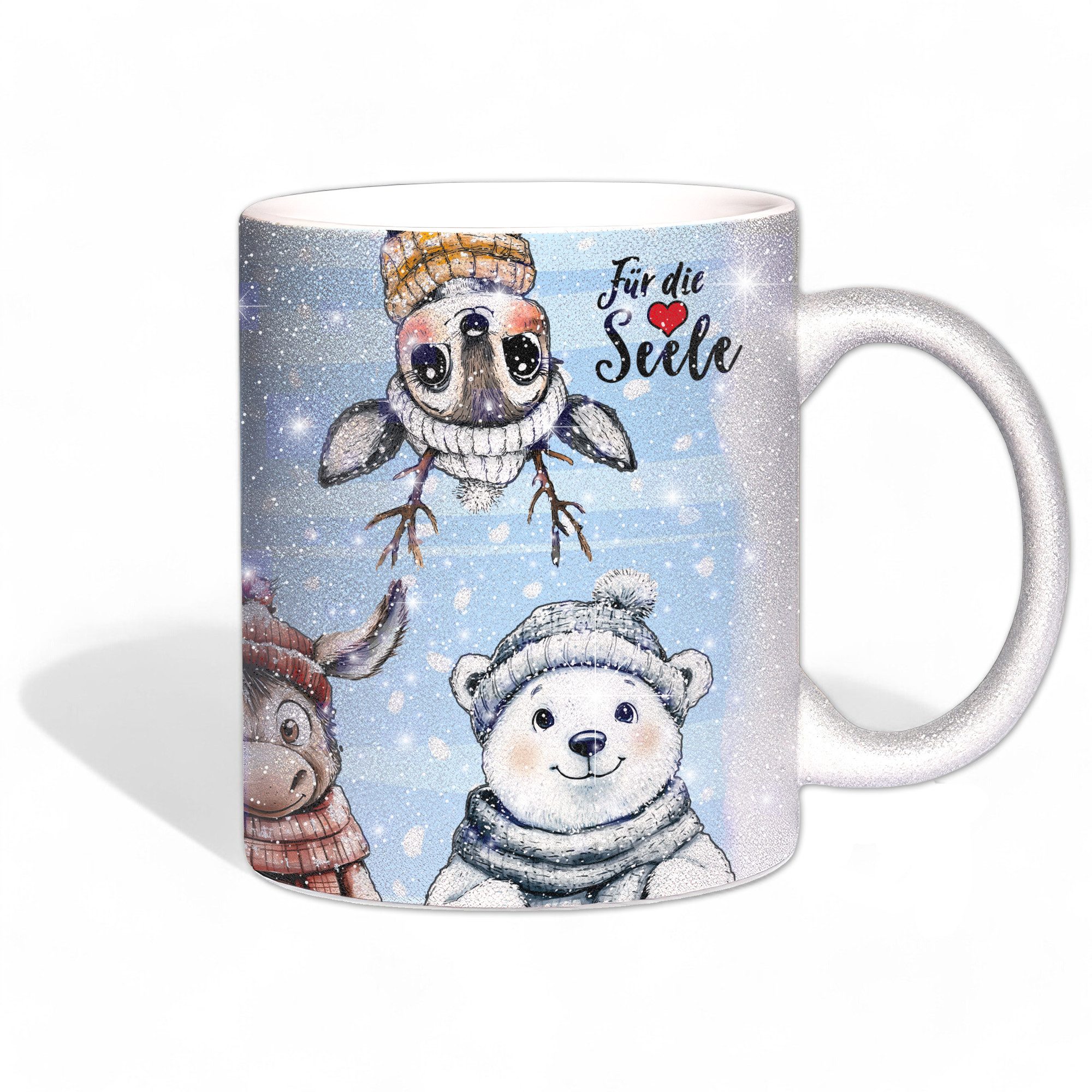 Sunnywall Tasse Glitzer Tasse - Winter Tiere - Für die Seele - Weihnachten - Silber, Keramik, inkl. Geschenkkarte