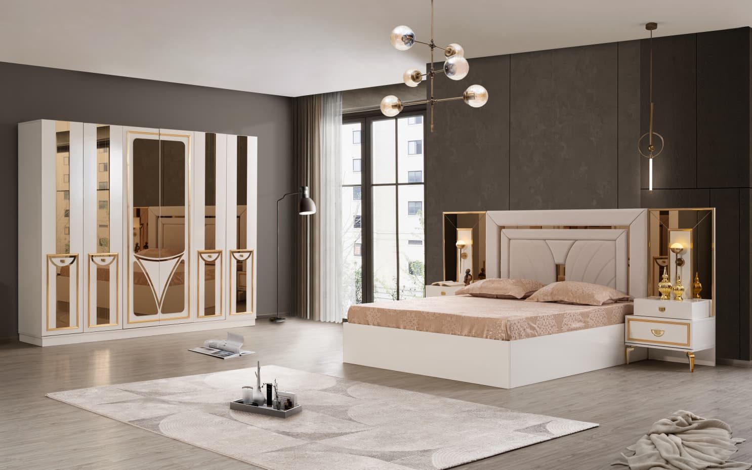 JulietHome Schlafzimmer-Set Piramit, (Set, Kleiderschrank, Boxspringbett mit Nachttischen, Kommode mit Spiegel), Integrierte Bettlampen