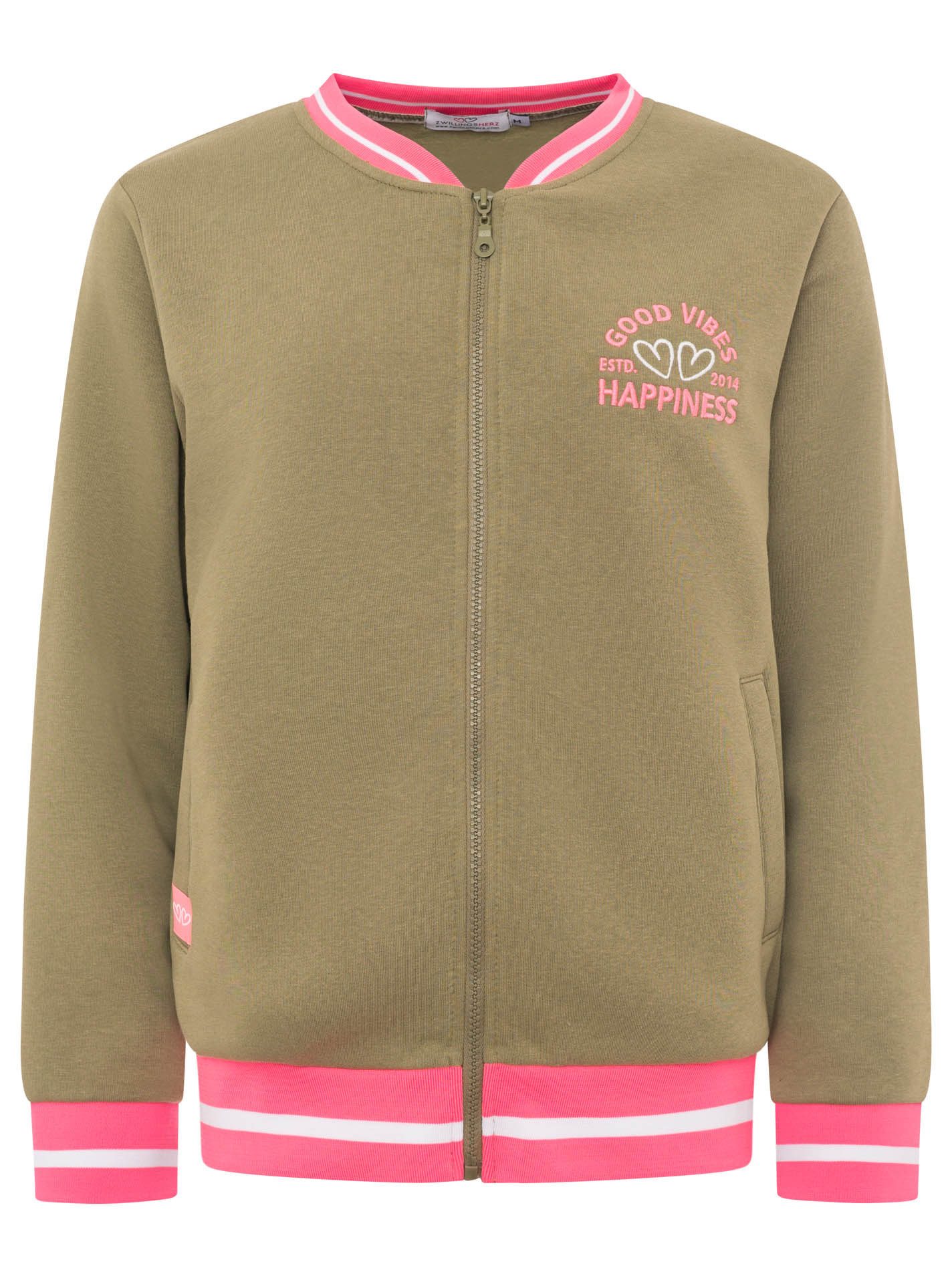 Zwillingsherz Sweatjacke "College" Reißverschluss, gestreiften Rippbündchen, Eingriffstaschen, Stickerei