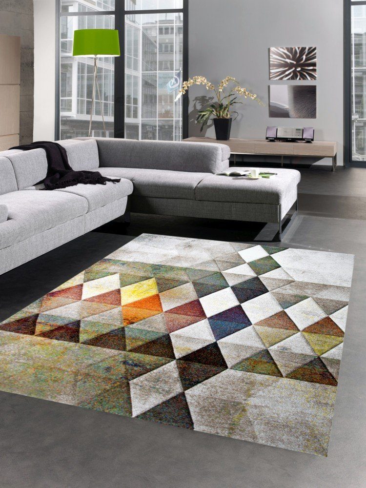 Teppich Moderner Teppich Wohnzimmerteppich Kurzflor Teppich Rauten orange  grün braun, Carpetia, rechteckig, Höhe: 13 mm