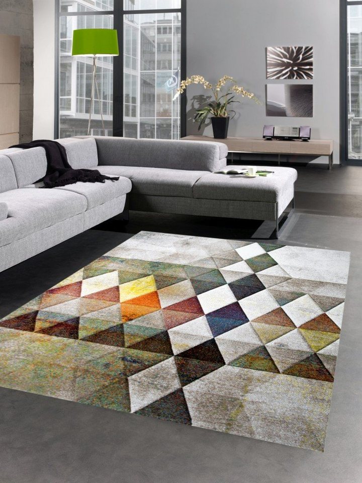 Teppich Moderner Teppich Wohnzimmerteppich Kurzflor Teppich Rauten orange  grün braun, Carpetia, rechteckig, Höhe: 13 mm