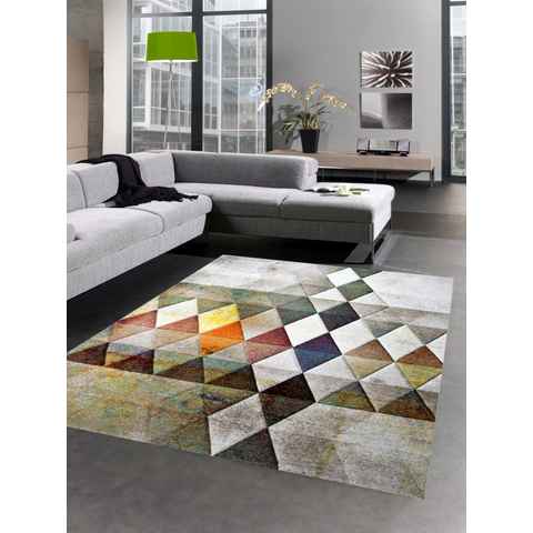 Teppich Moderner Teppich Wohnzimmerteppich Kurzflor Teppich Rauten orange grün braun, Carpetia, rechteckig, Höhe: 13 mm