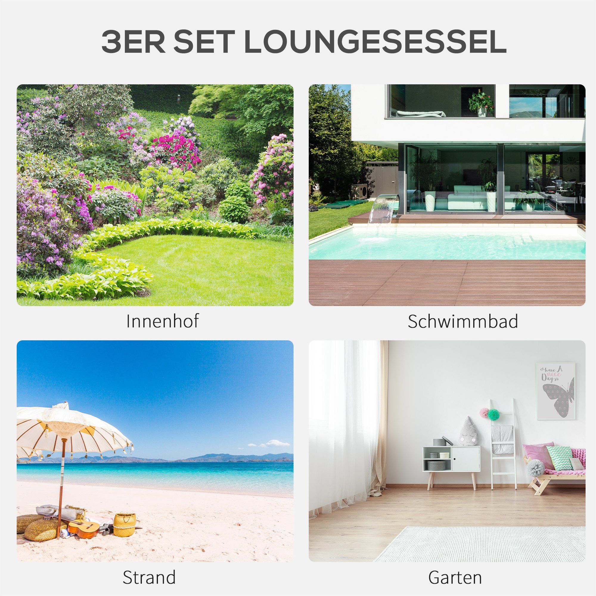 Sonnenliege-Set St., mit 2 Gartenliege für Tisch, Campingliege, Relaxliege, Schwarz Outsunny Balkon, Liegestühlen, Terrasse, 3