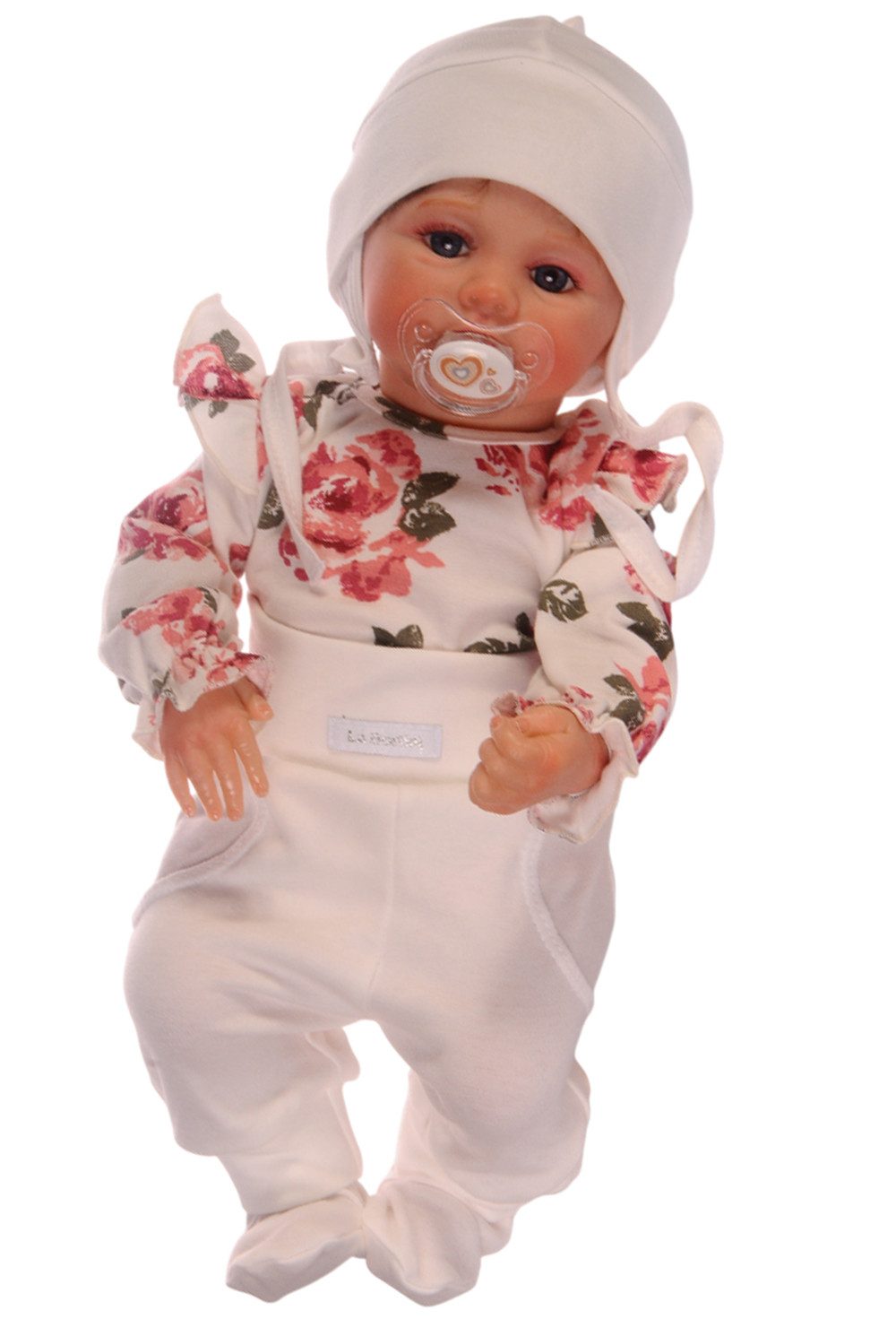 La Bortini Body & Hose Baby Anzug Langarmbody Schlupfhose Mütze Set Erstlingsset (Erstlingsset für Mädchen) aus Baumwolle, mit Blumen Muster, in Creme