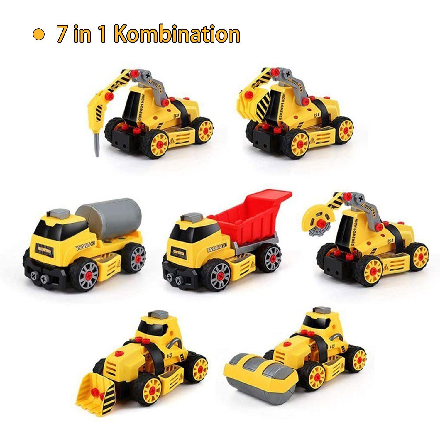 Montage Spielzeug Set Baufahrzeuge Kinder 7 in 1 DIY LKW Autos mit Schraubenz... 
