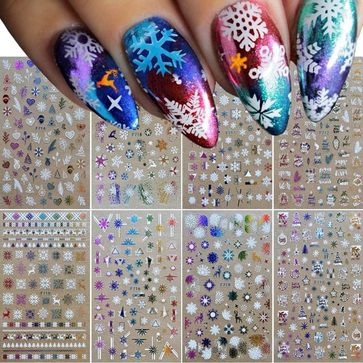 LuxusKollektion Nagel-Tattoo Nagelsticker Weihnachten 3D Holografisch Schneeflocke Weiß 8 Blätter
