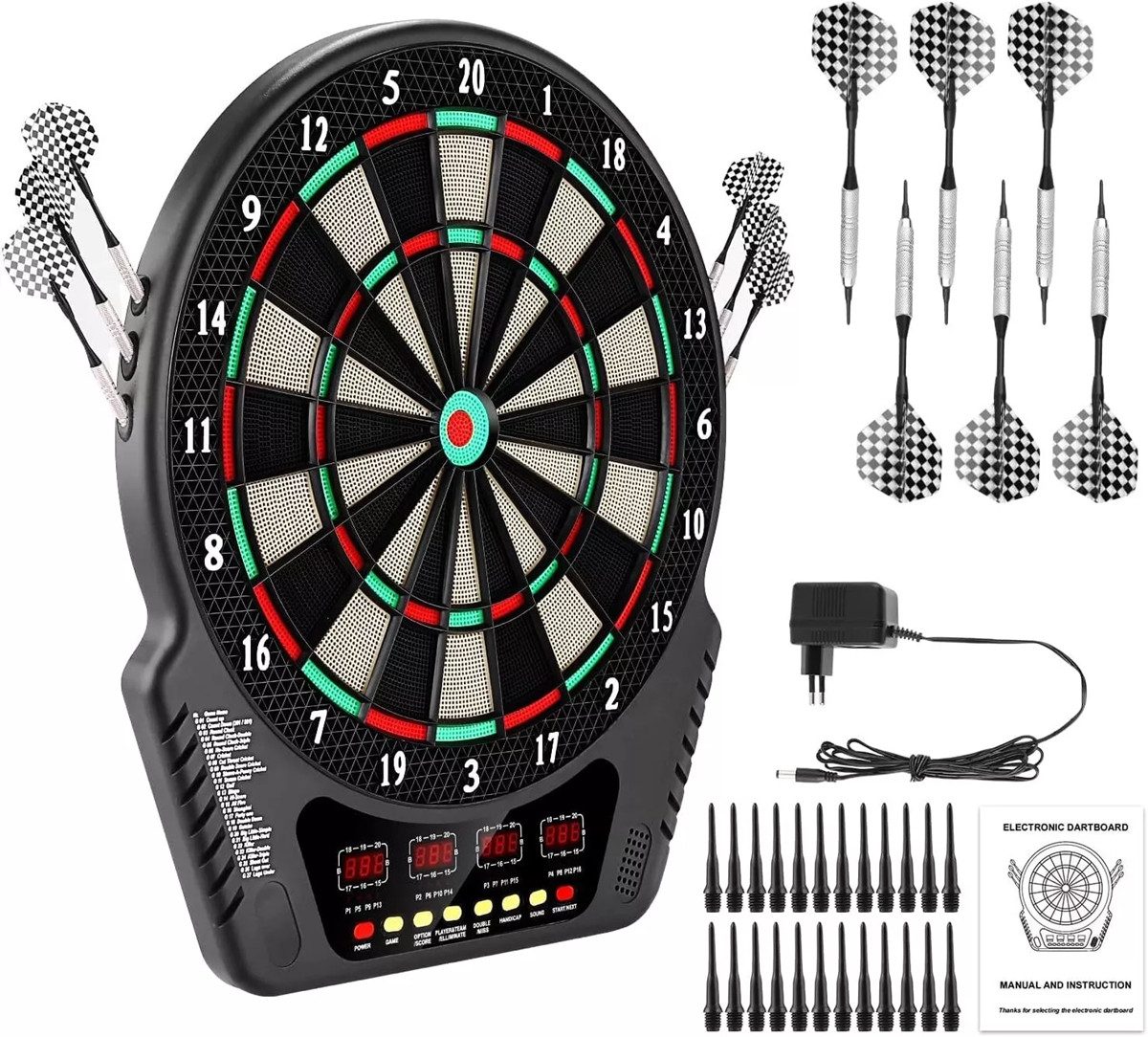 AKKEE Dartscheibe Elektronische Dartautomat mit 24 Dartköpfen, 27 Spielkategorien, Profi Dart Set