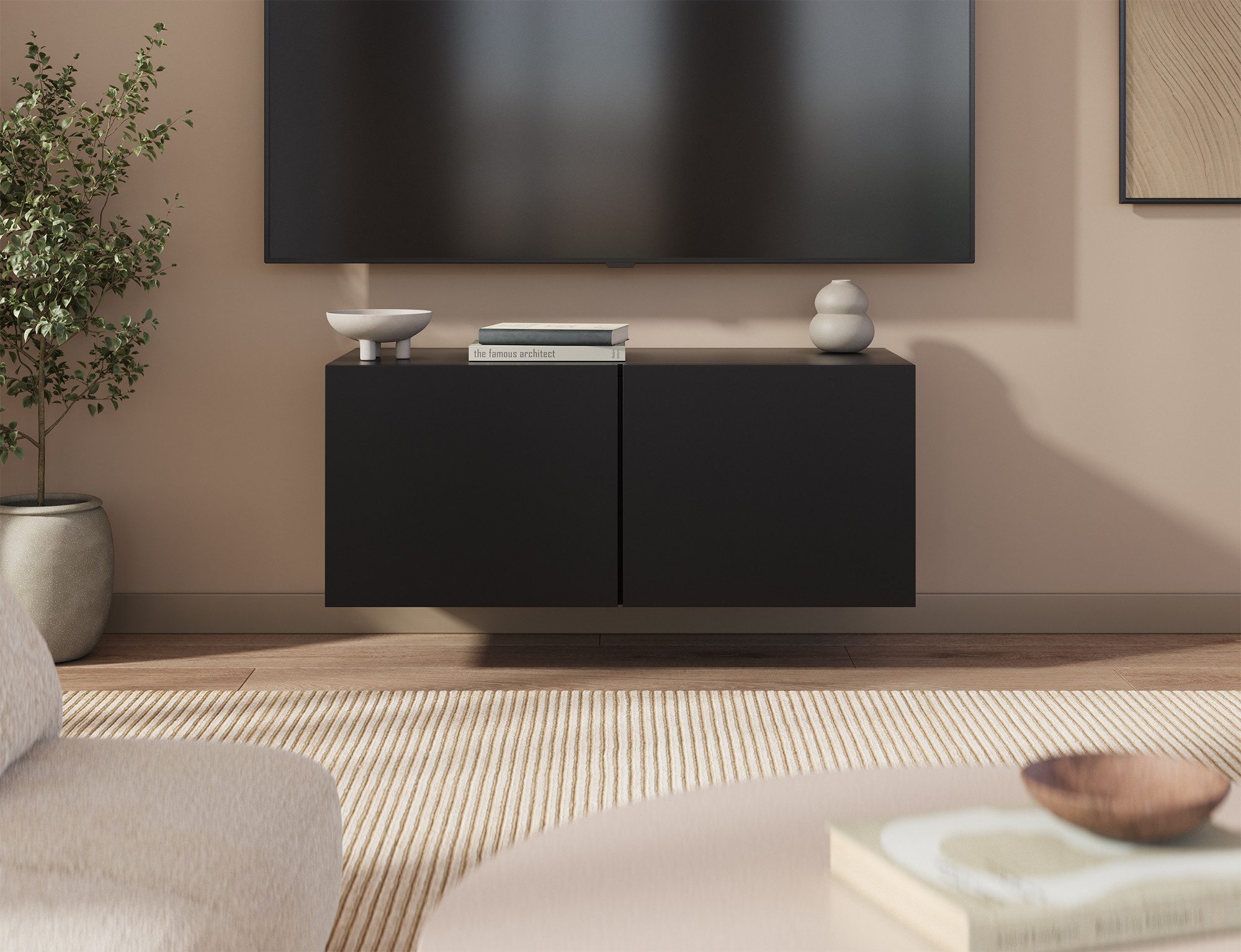 MOEBLO TV-Board ALVARA 100 (TV-Lowboard 100 cm wandhängend, TV-Schrank mit 2 Klapptüren, TIP-ON, offenen Fächern, Stauraum, modernes Wohnzimmermöbel, grifflos,  – Bild 2 von 5