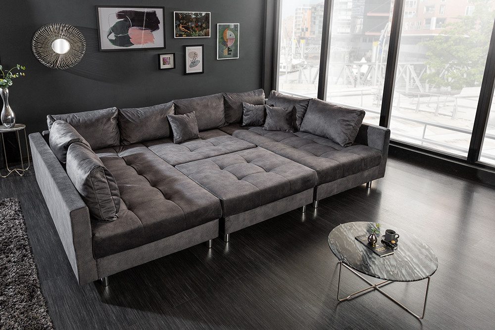riess-ambiente Wohnlandschaft KENT 305cm grau/silber – Samt, U-Form, mit Kissen & Hocker, Einzelartikel 1 Teile, großes Bigsofa mit Hocker & Federkern – ideal f – Bild 3 von 5